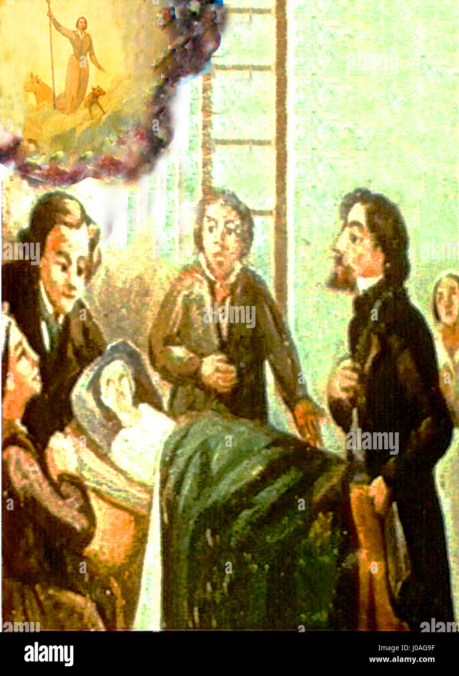 „Saint-Gens guérissant un fiévreux ex voto“ zeigt, wie der heilige ein Fieber geplagtes Individuum heilt und eine symbolische Darstellung des Glaubens, der Heilung und der göttlichen Intervention in der religiösen Kunst bietet. Stockfoto