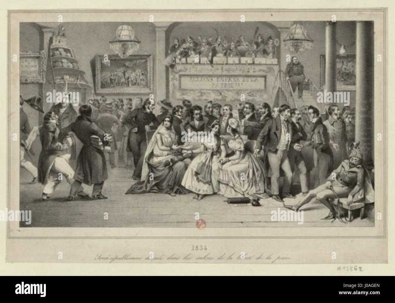 Eine öffentliche republikanische Versammlung fand 1834 in den Salons des Pressefreiheitsgebäudes statt. Die Veranstaltung ist repräsentativ für den politischen und sozialen Wandel in Frankreich während des frühen 19. Jahrhunderts und konzentriert sich auf Pressefreiheit und politisches Engagement. Stockfoto