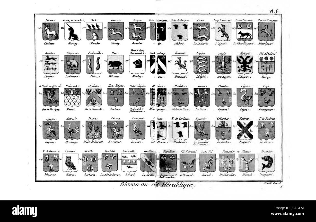 Diese Platte aus der „Encyclopédie méthodique“ zeigt heraldische Designs („Blason“), die die Tradition der französischen Heraldik und ihre detaillierten Wappen zeigen, die einen bedeutenden Teil der europäischen Adelskultur im 18. Jahrhundert darstellen. Stockfoto