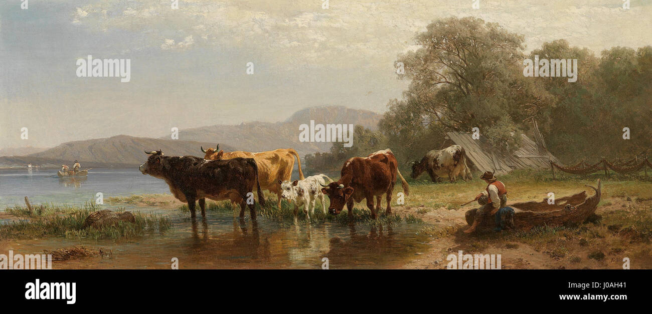 Friedrich Voltz’ Gemälde Kühe am Seeufer mit Fischerboot aus dem Jahr 1871 zeigt Kühe in der Nähe eines Seeufers mit einem Fischerboot im Hintergrund. Die natürliche Landschaft, die sich auf das ländliche Leben und die ruhige Natur konzentriert, wird mit feinen Details und einer ruhigen Atmosphäre dargestellt. Stockfoto