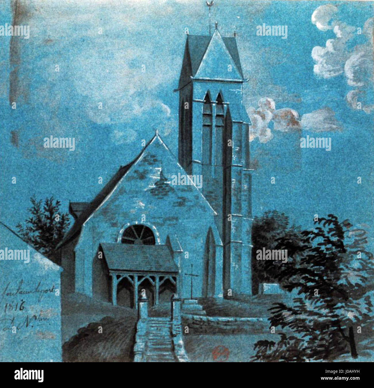 „Eglise FLP 1816“ zeigt eine französische Kirche aus dem Jahr 1816. Das Werk betont architektonische Details, zeigt die Struktur und Umgebung der Kirche und spiegelt den neoklassizistischen Stil wider, der Anfang des 19. Jahrhunderts vorherrschte. Stockfoto