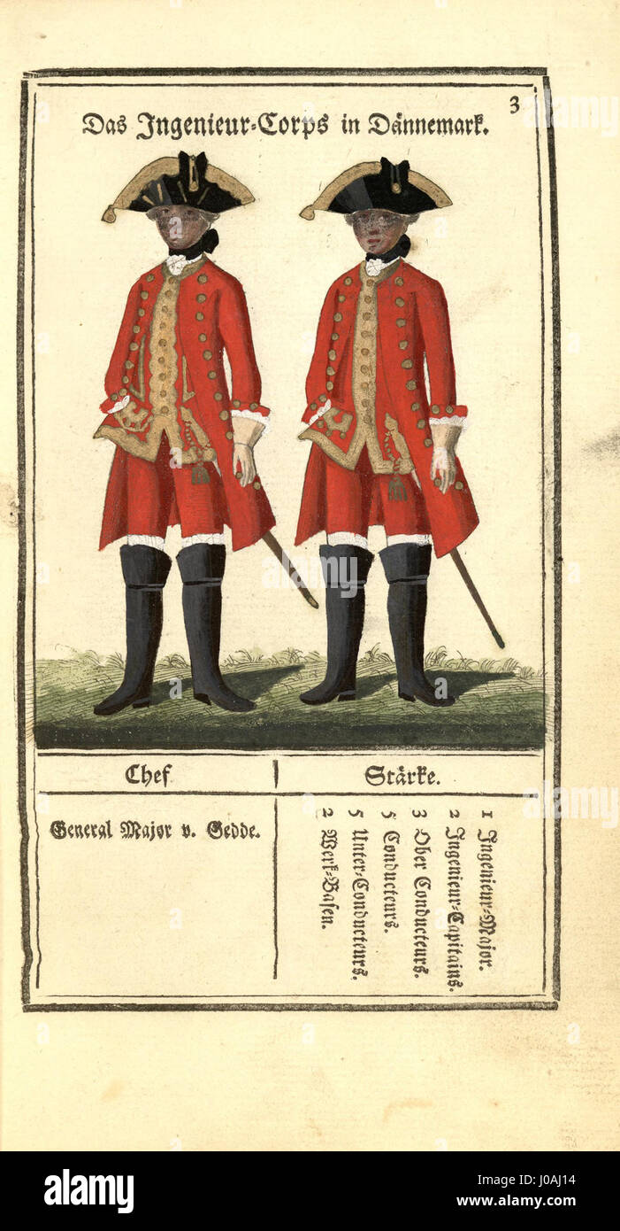 Eine historische Lithografie, die die Darstellung der gesamten Königlich Dänischen Armee darstellt und die militärische Organisation und Stärke Dänemarks während des 19. Jahrhunderts darstellt. Stockfoto