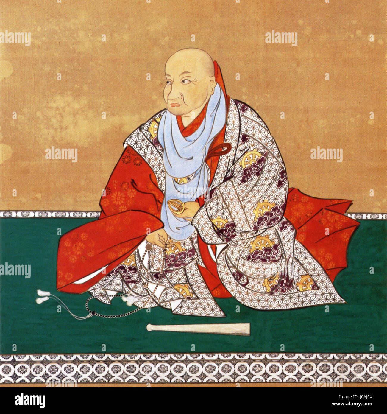 Prinz Gyojo, eine historische Figur des japanischen Hofes, ist in diesem Stück dargestellt. Sein Vermächtnis, das in den alten Traditionen und der politischen Kultur Japans verwurzelt ist, stellt einen bedeutenden Teil der japanischen Geschichte dar. Stockfoto