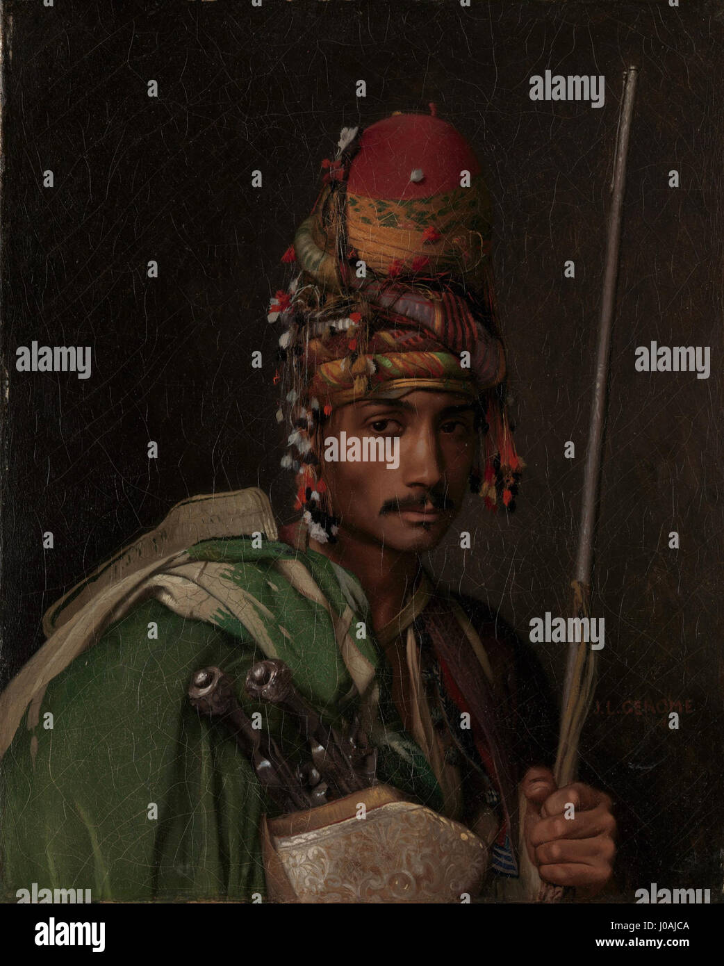„A Bashi-Bazouk“ von Jean-Léon Gérôme zeigt einen Soldaten aus dem Osmanischen Reich, dargestellt mit dramatischer Farb- und Textur. Das Gemälde ist ein Beispiel für Gérôme Beherrschung des Orientalismus und fängt die exotischen und dramatischen Elemente des Ostens ein. Stockfoto