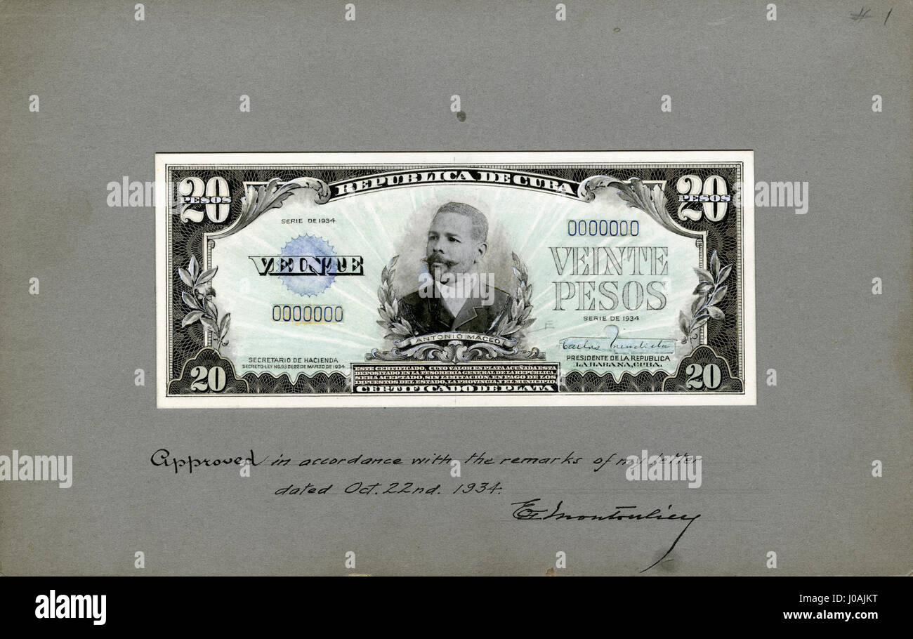 U.S.-BEP-República de Cuba (Fortschritt Beweis) 20 Silber Pesos, 1934(1) (CUB-72a) Stockfoto