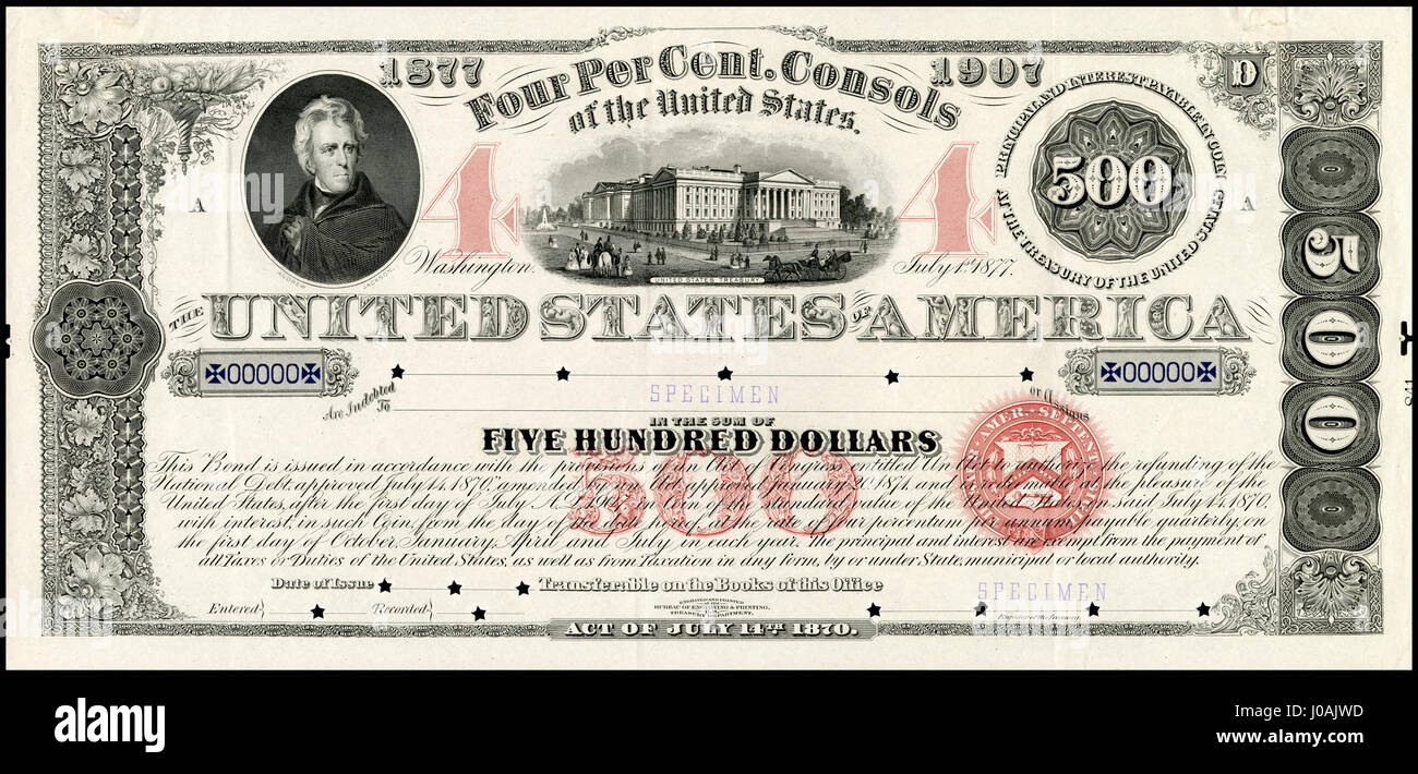 Der „US-B&L-Consols-425-$500-1877“ bezieht sich auf ein Muster eines US-amerikanischen Anleihezertifikats 1877 mit einer Stückelung von $500, das wahrscheinlich mit einer Bank- oder Kreditkonsolidierung zusammenhängt. Stockfoto