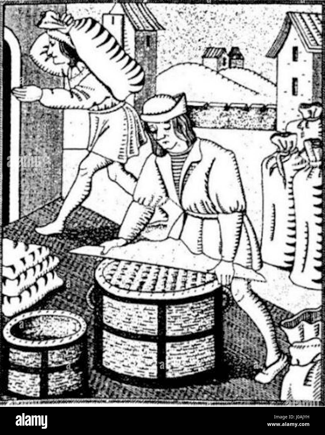 Dieser Holzstich von Grenier zeigt eine detailreiche und komplizierte Szene, die sein Können in der Druckerei unter Beweis stellt und die scharfen Kontraste und feinen Linien betont, die typisch für die französischen Gravurtechniken des 19. Jahrhunderts sind. Stockfoto