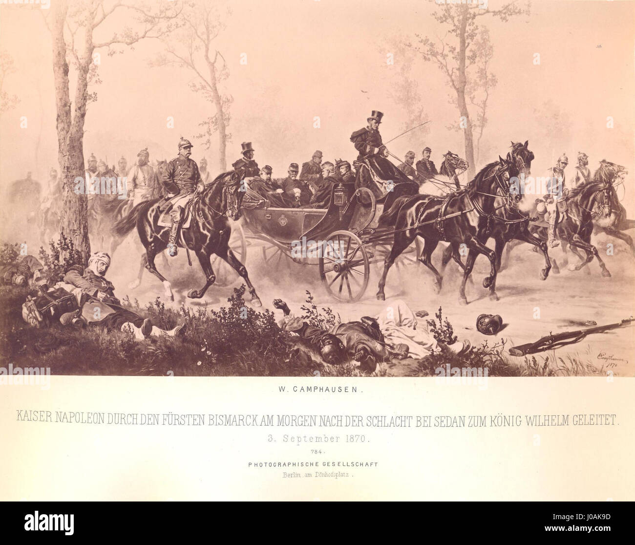 Dieses historische Bild aus dem Jahr 1866 zeigt Kaiser Napoleon, der am Morgen nach der Schlacht von Sedan von Prinz Bismarck begleitet wird und einen Schlüsselmoment im Deutsch-Französischen Krieg darstellt, der die Spannungen und die Folgen des militärischen Konflikts erfasst. Stockfoto