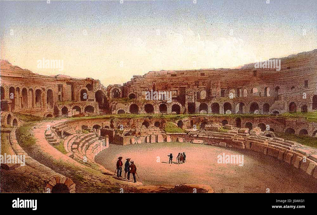 Arènes de Nîmes, eine Lithografie aus dem frühen 19. Jahrhundert, zeigt das römische Amphitheater in Nîmes, Frankreich. Die Lithografie ist bekannt für ihre historische Bedeutung und erfasst die Pracht und architektonische Schönheit dieses antiken Gebäudes und unterstreicht seine Rolle in der römischen Kultur- und Architekturgeschichte. Stockfoto