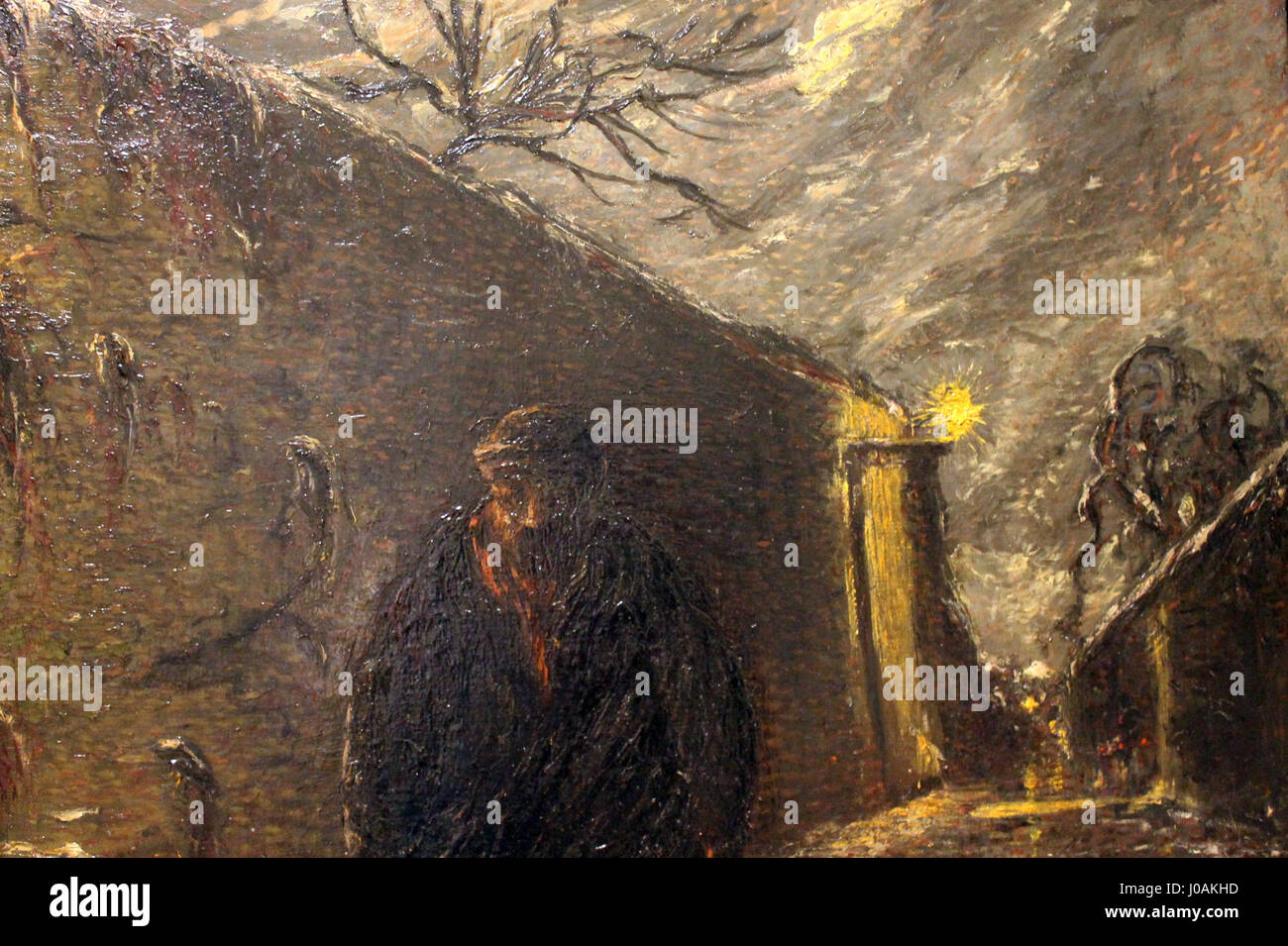 León Pourtaus Gemälde „El Anciano“ zeigt einen älteren Mann mit ausdrucksstarken Merkmalen, der die Tiefe und Weisheit seines Gesichts einfängt, in feinen Details und subtilen Tönen dargestellt. Stockfoto