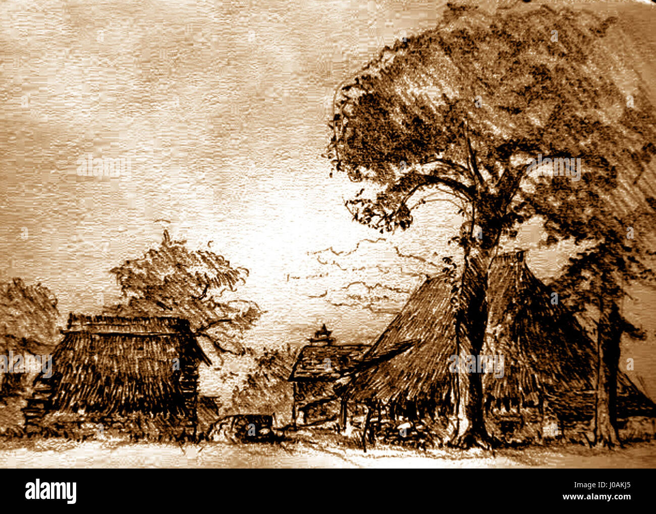 Moudeyres' Skizze von strohgedeckten Hütten aus dem 19. Jahrhundert fängt das ländliche französische Leben ein und betont einfache Architektur und die idyllische Landschaft, die die Harmonie zwischen Mensch und Natur veranschaulicht. Stockfoto