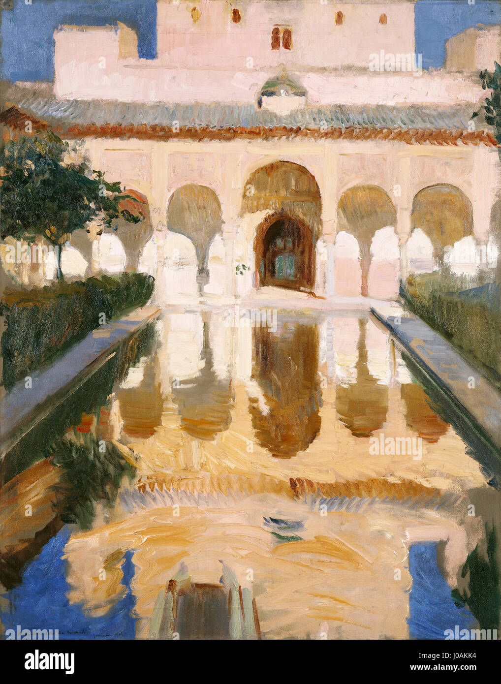 Joaquín Sorollas „Alhambra, Salón de Embajadores“ (1909) bietet einen Blick auf den großen Botschaftersalon in der Alhambra, Spanien. Sorollas Einsatz von Licht und Farbe zeigt die komplexen architektonischen Details und die Atmosphäre des Raumes und spiegelt die Schönheit und historische Bedeutung der Alhambra wider. Stockfoto