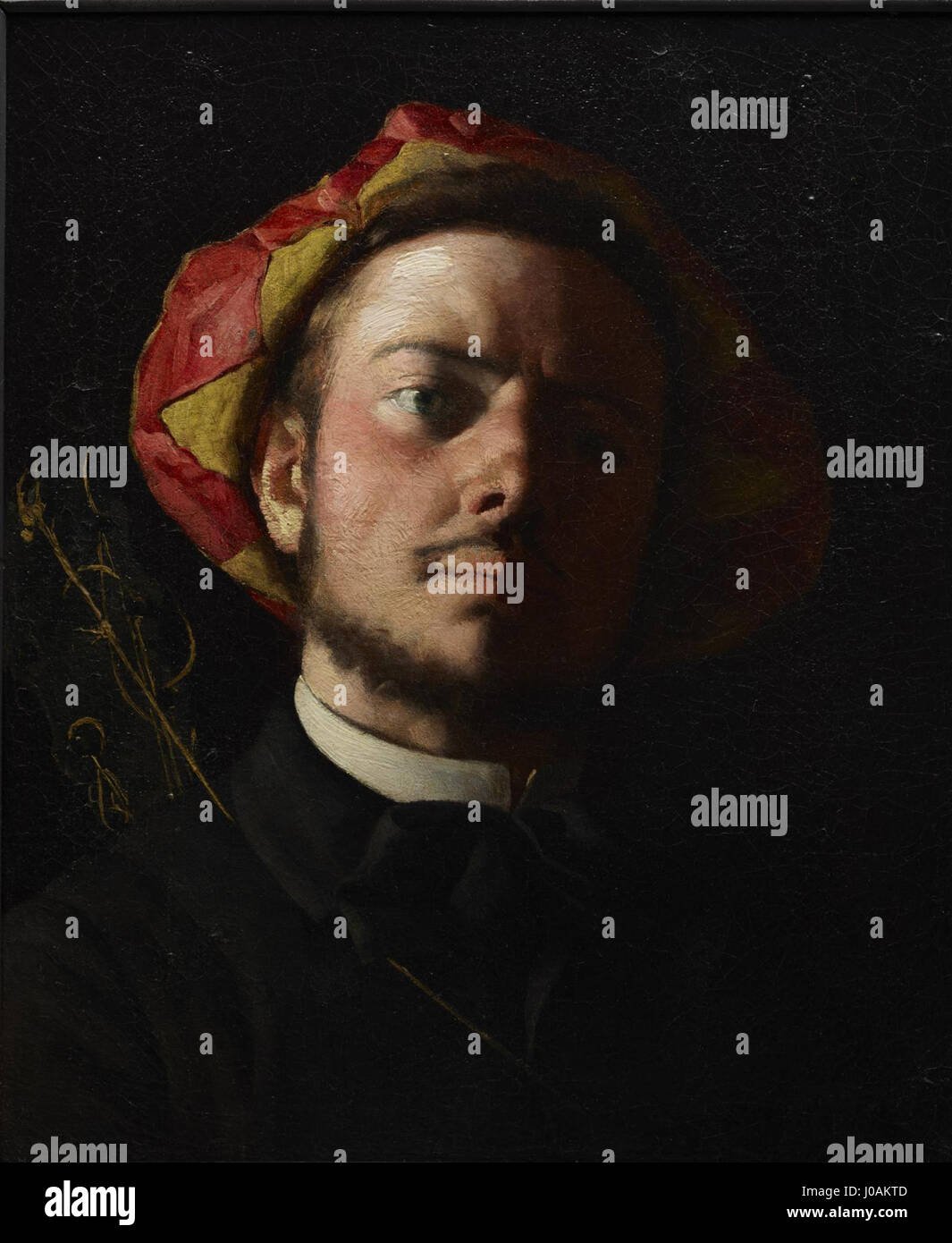 Frédéric Bazilles *Portrait de Paul Verlaine comme une Troubadour* zeigt den berühmten französischen Dichter Paul Verlaine in einem künstlerischen, fast mittelalterlichen Stil. Dieses Porträt aus dem Jahr 1870 fängt Verlaines Künstlergeist und seine Verbindung zur französischen Literaturszene des späten 19. Jahrhunderts ein. Stockfoto