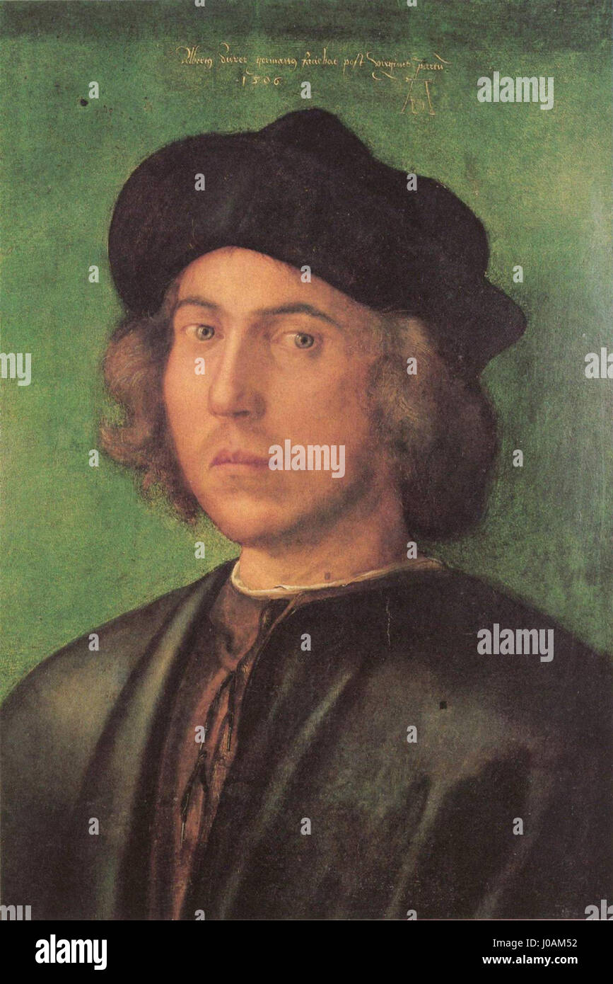 „Porträt eines jungen Mannes“ von Albrecht Dürer im Palazzo Rosso, Genua, zeigt die Meisterschaft des Künstlers im Porträt der frühen Renaissance. Stockfoto