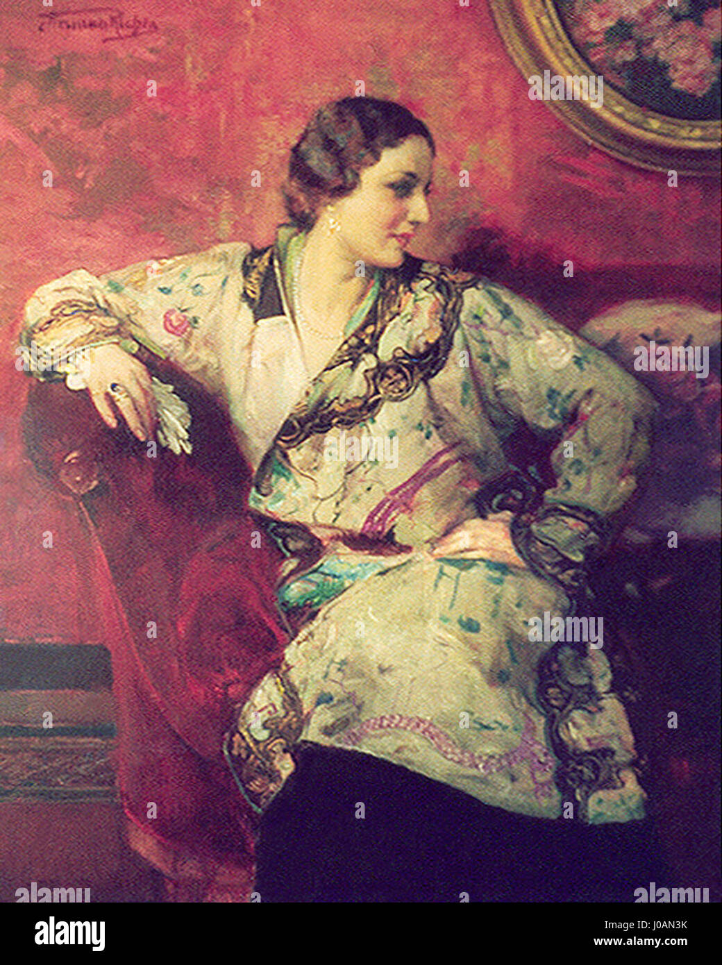 „L'étrangère“ ist ein Gemälde, das eine geheimnisvolle oder fremde Frau darstellt, die oft durch ein exotisches Aussehen oder einen rätselhaften Ausdruck gekennzeichnet ist. Die Künstlerin fängt die schwer fassbare Natur des Themas ein und betont ihre rätselhafte Präsenz in der Komposition. Stockfoto