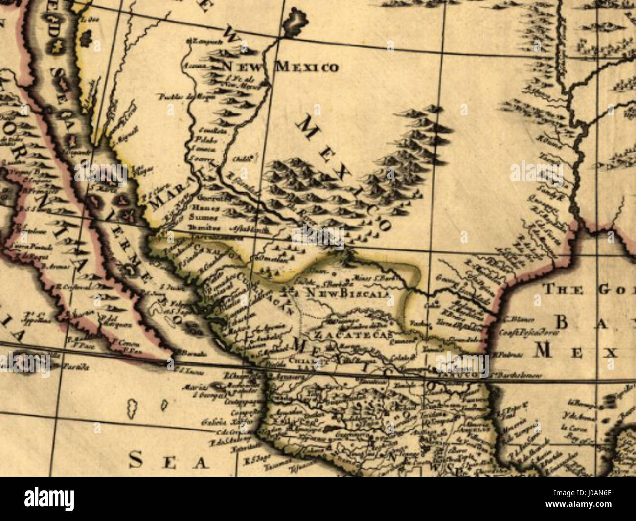 Karte von Philip Lea, die Nordamerika in drei Regionen unterteilt zeigt: English Empire, New France und Teile der Karibischen Inseln. Enthält Namen von Flüssen, Seen, Städten, Kolonien, Missionsstandorten, Forts, indianische Territorien und Gebirgszüge. Stockfoto