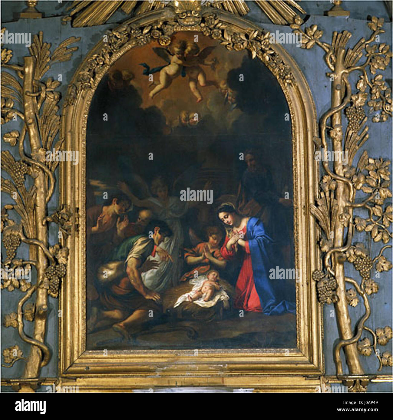Nicolas Mignards „Nativité“ zeigt eine heitere Darstellung der Geburtsszene, in der die Geburt Christi in sanften Tönen und detaillierten Figuren dargestellt wird und das Wesen christlicher religiöser Kunst festgehalten wird. Stockfoto
