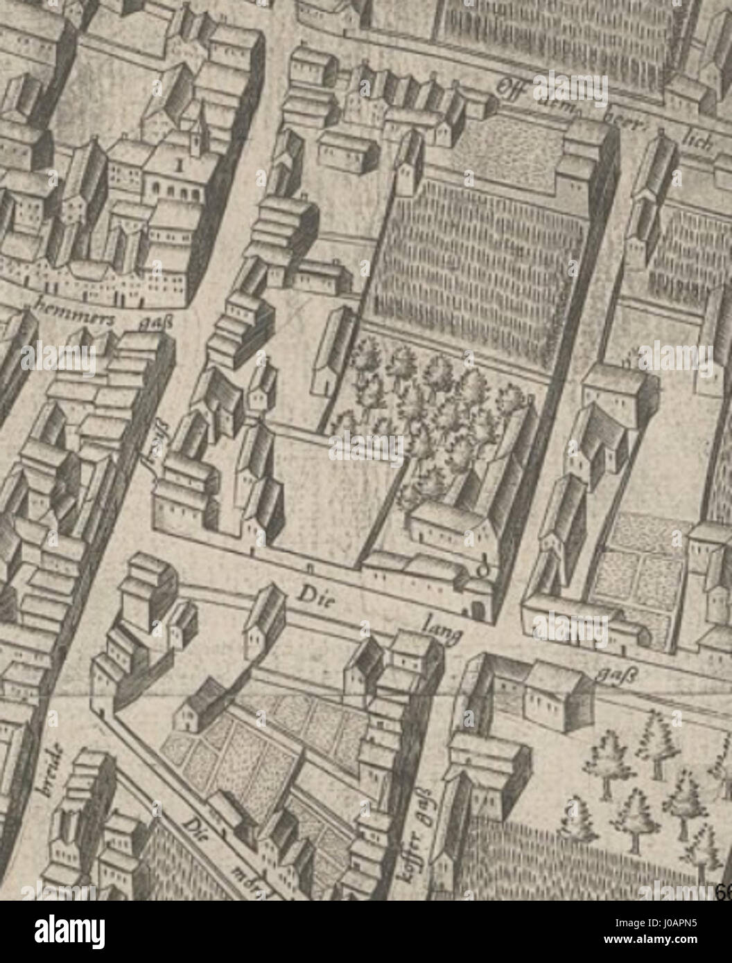 Der Neuenahrer Hof auf dem Berlich in Köln, ein Stadtbild von 1570 von Arnold Mercator, einem deutschen Kartografen und Künstler, das das Gebiet zwischen Breite Straße, Langgasse und Schwalbengasse zeigt. Stockfoto