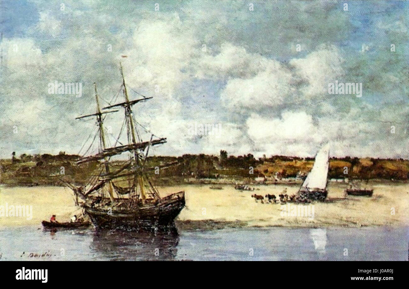 Eugène Boudins Gemälde *Portrieux* zeigt die Küstenstadt in Nordfrankreich und betont die Ebbe des Meeres. Das Werk spiegelt Boudins Faszination für Licht, atmosphärische Effekte und Küstenlandschaften wider, die für seinen impressionistischen Stil typisch sind. Stockfoto