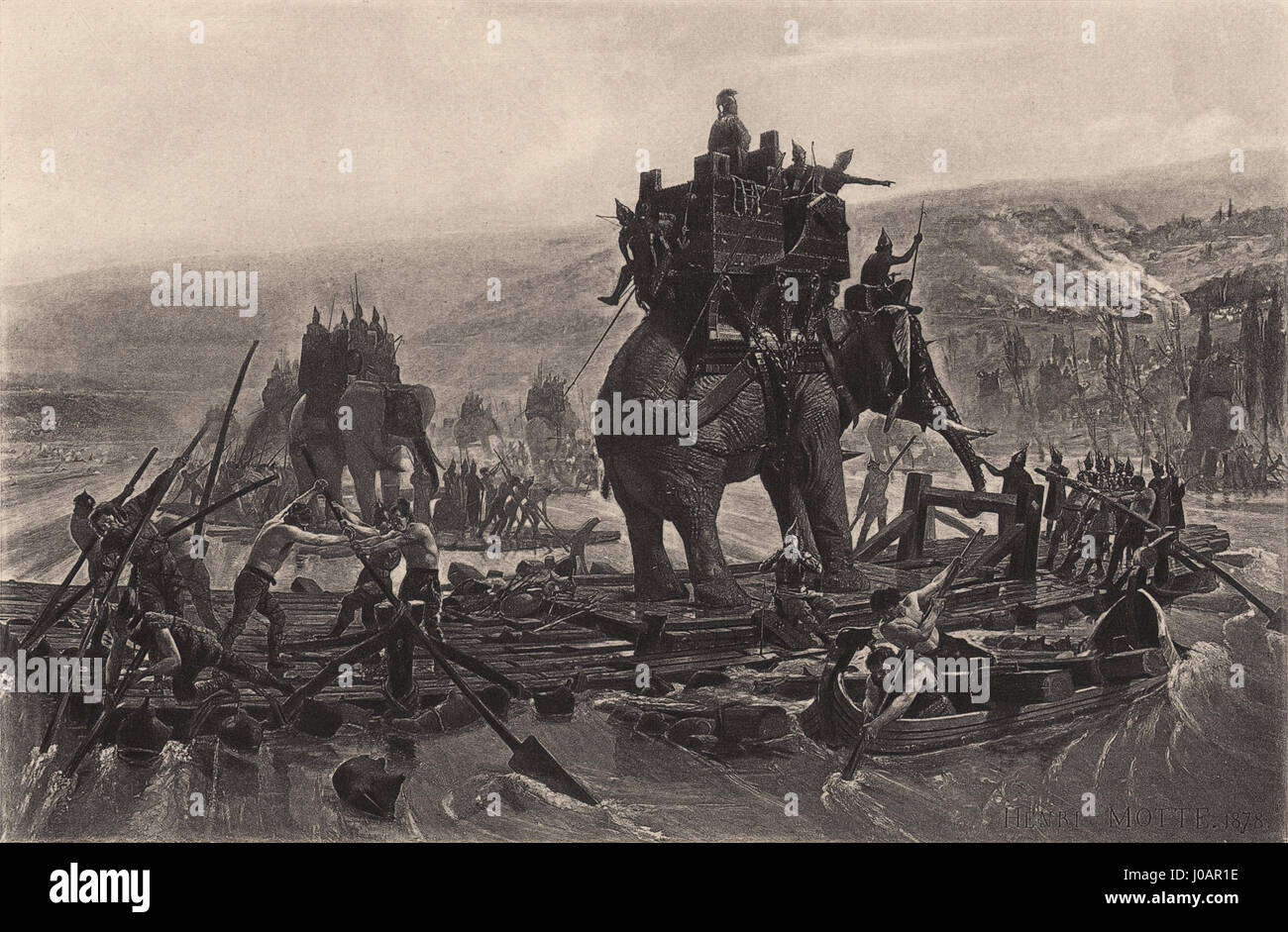 Henri Mottes Gemälde „Hannibal Traverse le Rhône“ aus dem Jahr 1878 fängt den dramatischen Moment ein, als der karthagische General Hannibal mit seiner Armee während des Zweiten Punischen Krieges den Fluss Rhône überquert. Das Gemälde betont die militärische Strategie und das Ausmaß des historischen Ereignisses. Stockfoto