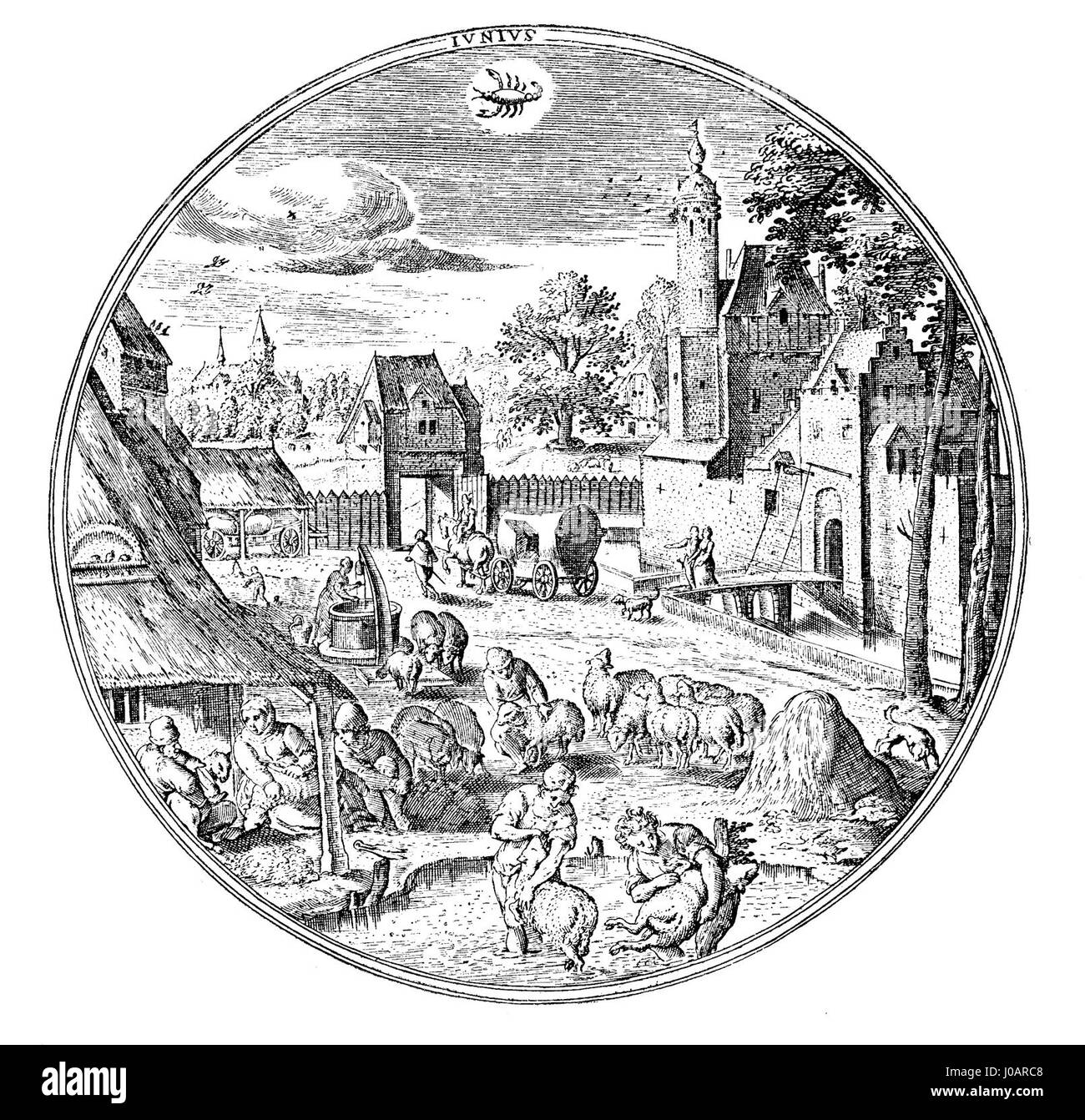 Hans Bol (1534–1593) war ein flämischer Maler und Printmacher, der für seine detaillierten Landschaften und Stadtansichten bekannt war, die von der nördlichen Renaissance beeinflusst wurden. Stockfoto