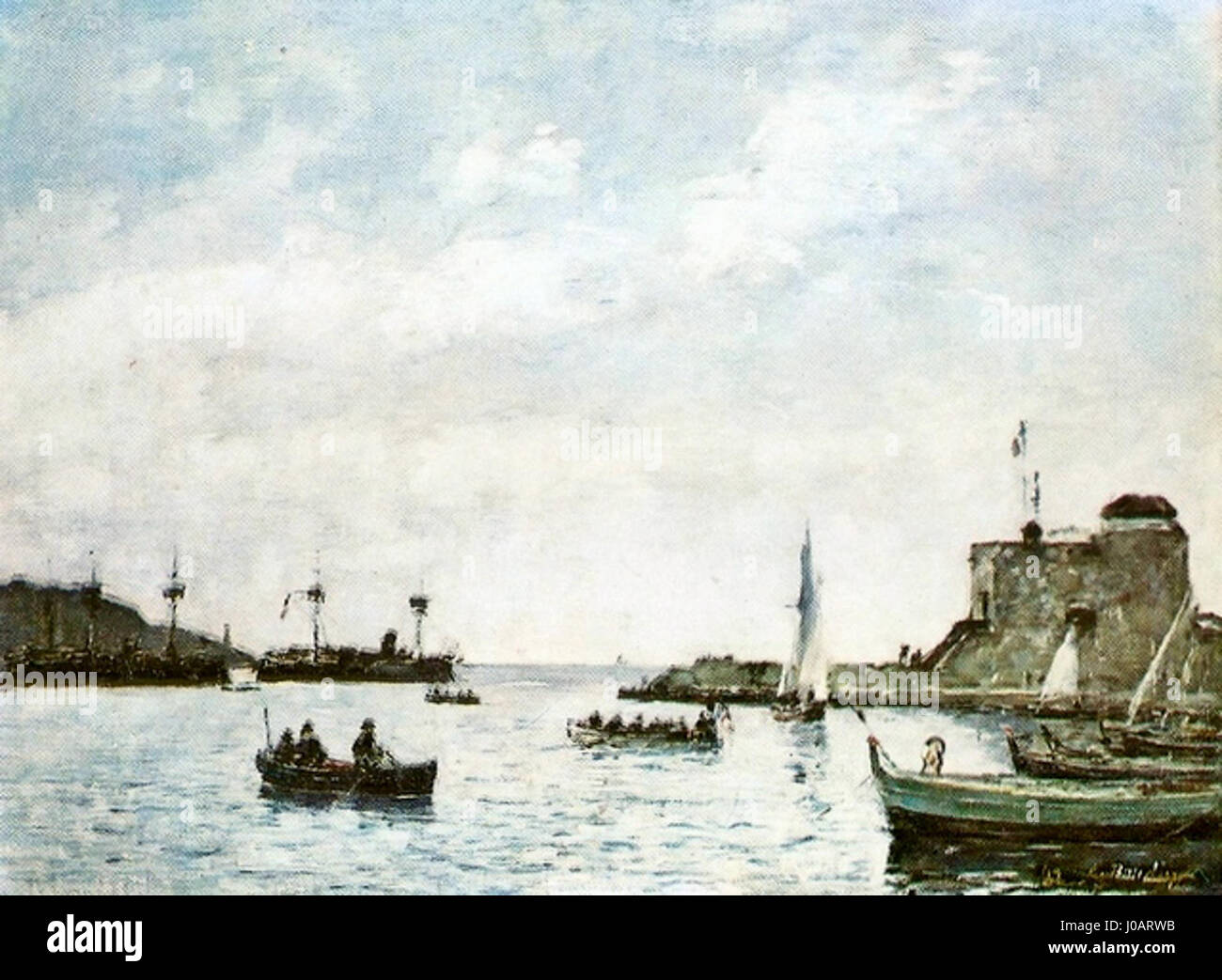„Cruzadores em Villefranche“ von Eugène Boudin, ein Kunstwerk, das die Küstenlandschaft und das nautische Leben in Villefranche-sur-Mer, Frankreich, im 19. Jahrhundert erfasst. Stockfoto