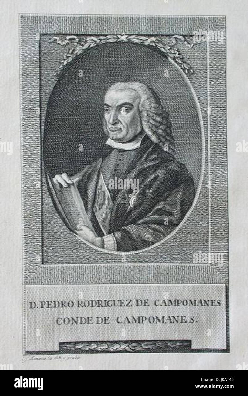 Dieses Porträt zeigt Pedro Rodríguez de Campomanes, den ersten Grafen von Campomanes, eine wichtige Figur in der spanischen Geschichte, bekannt für seine Arbeit in Wirtschaft und Politik. Stockfoto