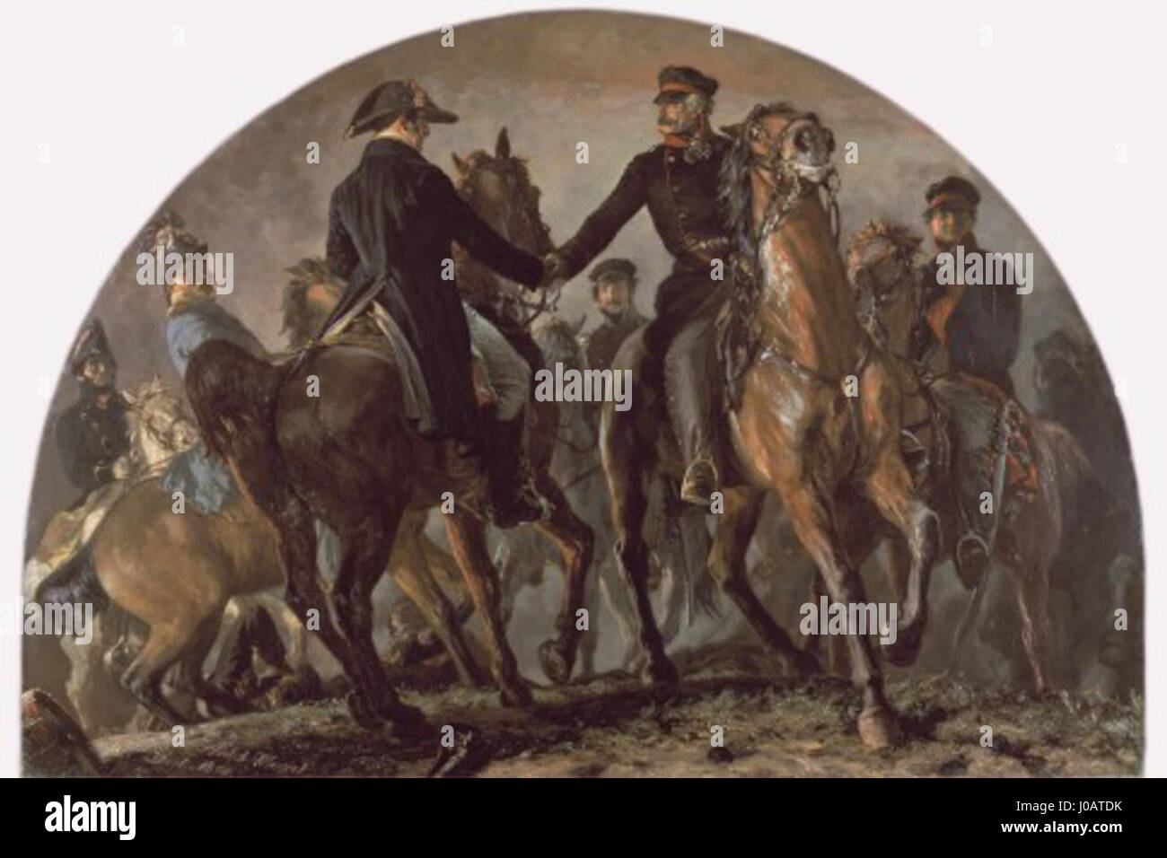 Die Darstellung von Wellington und Blücher nach der Schlacht von Waterloo zeigt die beiden alliierten Kommandanten, die das Schlachtfeld vermessen. Diese berühmte Szene symbolisiert ihren Sieg über Napoleon im Jahr 1815. Stockfoto