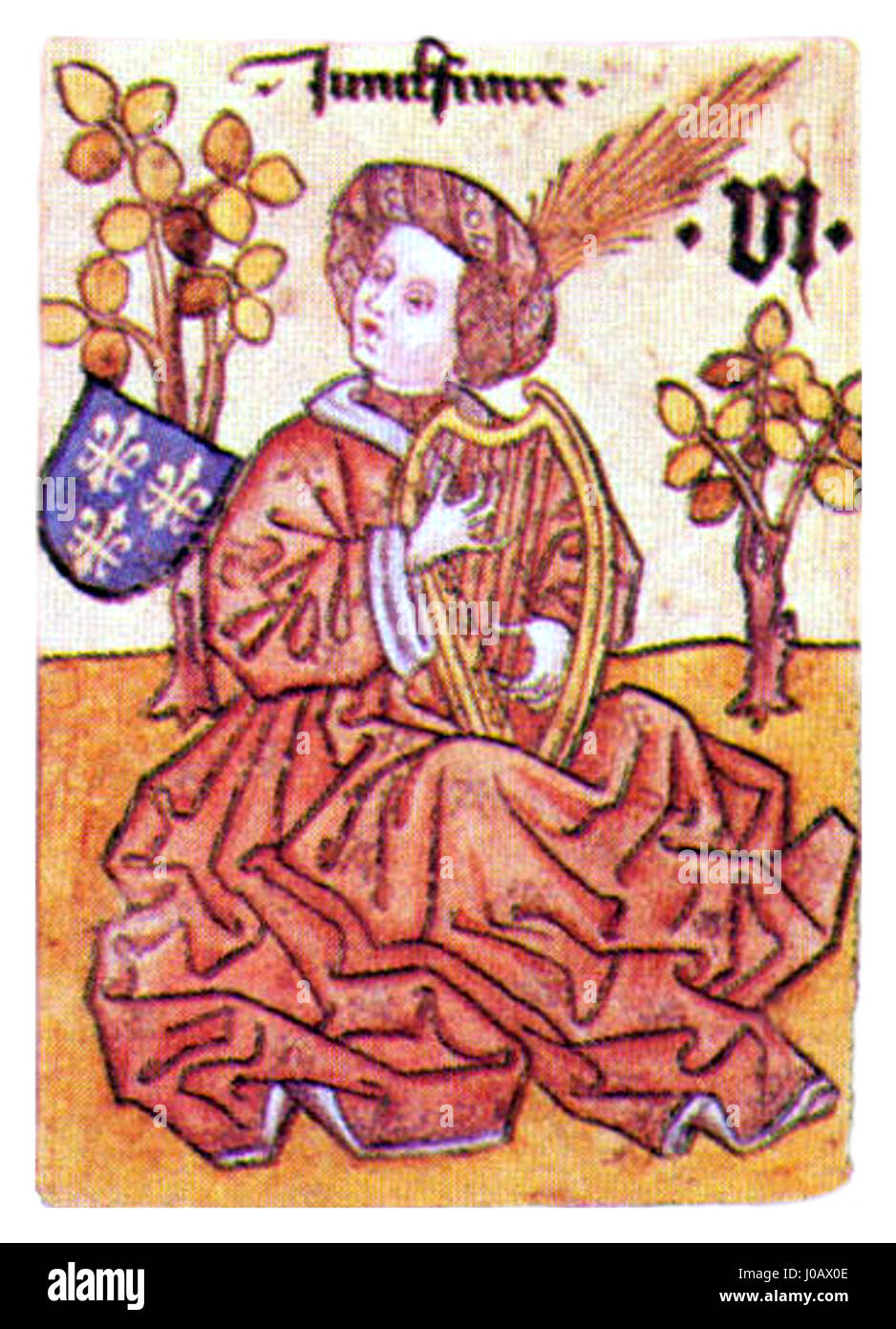 Das „Hofämterspiel“ oder „Courtier's Game“ stellt eine französische Hofszene dar, in der die Figur von Junckfrawe an einer zeremoniellen Veranstaltung teilnimmt. Das Kunstwerk veranschaulicht die komplexe Dynamik des Hoflebens in Frankreich und zeigt französischen Adel und traditionelle Zeremonien. Stockfoto