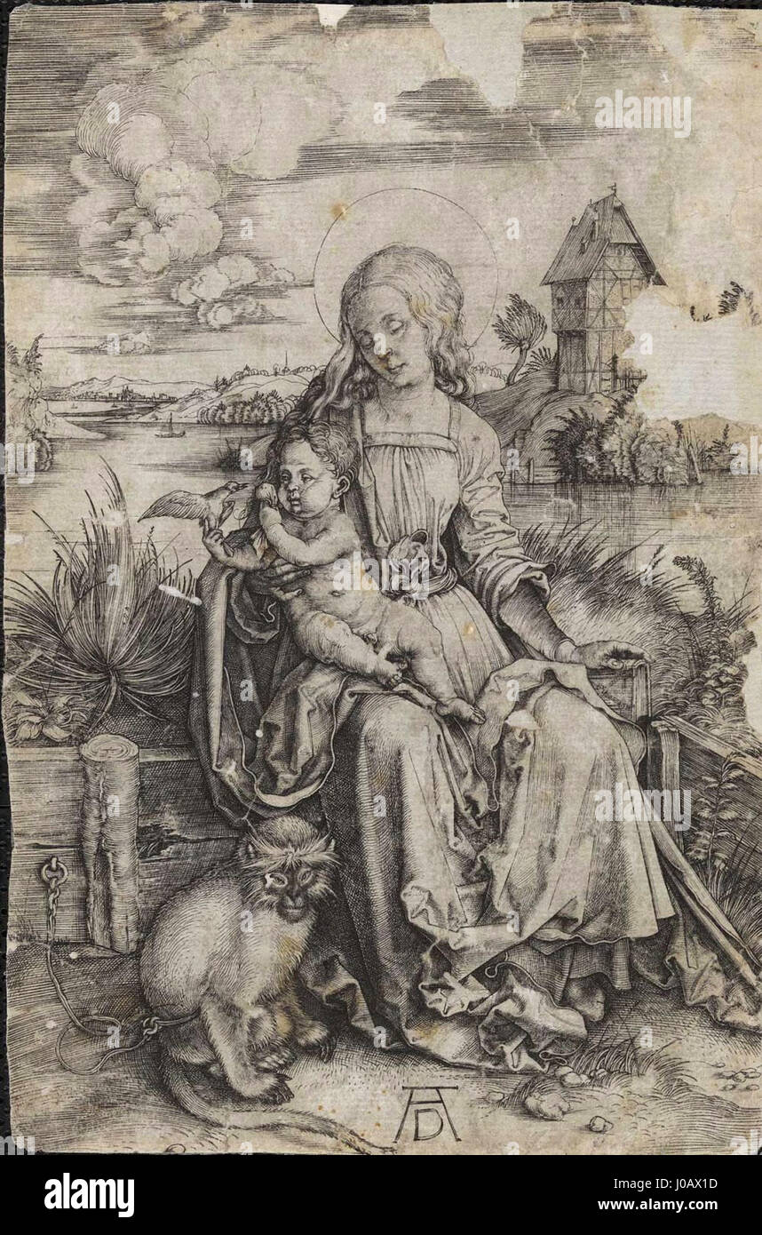 Albrecht Dürers „die Jungfrau und das Kind mit dem Affen“ ist ein Renaissance-Gemälde, das religiöse Ikonographie einer naturalistischen Darstellung eines Affen gegenüberstellt und Dürers Liebe zum Detail und Symbolismus unterstreicht. Stockfoto