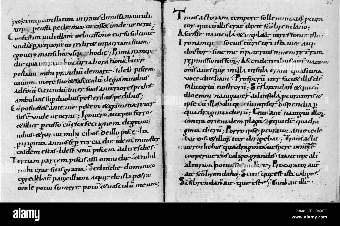 Navigatio sancti Brendani (die Reise des Heiligen Brendan) ist ein irischer mittelalterlicher Text, der die Reise des Heiligen Brendan beschreibt. Folio 34v zeigt eine detaillierte Illustration der Abenteuer des heiligen auf dem Meer und zeigt mittelalterliche Manuskriptkunst und religiöse Geschichten. Die Darstellung verbindet Fantasie und Glauben, während der Text christliche Themen und Legenden erforscht. Stockfoto