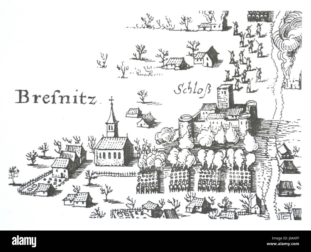 Die „Bitva u Přísenic 1641“ zeigt die Schlacht von Přísenic, einen entscheidenden Konflikt während des Dreißigjährigen Krieges. Die Gravur veranschaulicht den Sieg der an der Schlacht beteiligten Streitkräfte und zeigt die Schlüsselelemente der Militärgeschichte im 17. Jahrhundert. Stockfoto