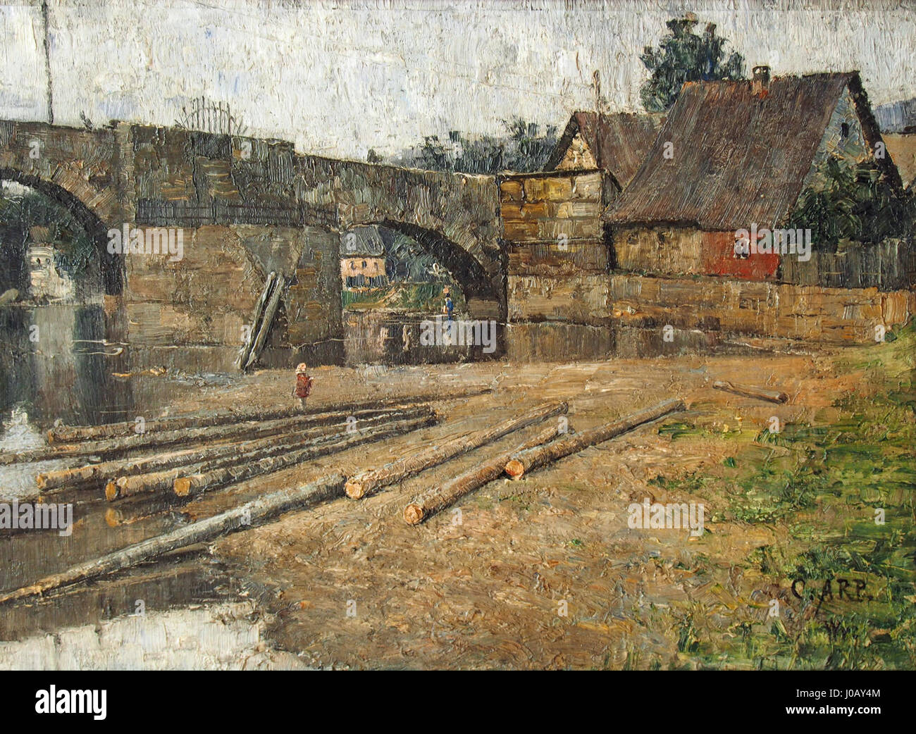 Die alte Brücke in Saalfeld, ein Gemälde von Carl Arp, um 1889, zeigt eine Brücke und Häuser, ausgeführt in Öl auf Karton. Stockfoto