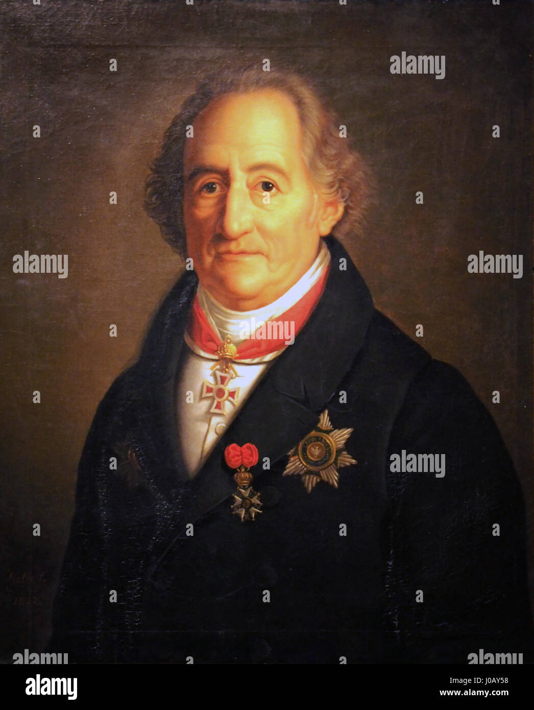 Das Porträt Johann Wolfgang von Goethe von H. C. Kolbe, ausgestellt im Goethe-Nationalmuseum Weimar, ist eine bedeutende Darstellung des berühmten deutschen Schriftstellers. Kolbes Darstellung fängt Goethes intellektuelle Präsenz ein und spiegelt seine Bedeutung in der deutschen Literatur und Kultur wider. Stockfoto