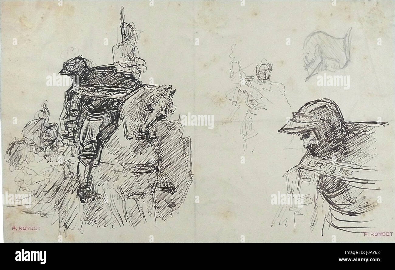 Eine Studie mit dem Titel „Etude pour l'entrée de Charles le Téméraire … Nesles' von Ferdinand Roybet, hergestellt mit Tinte und Bleistift, 20,5 x 32 cm groß. Stockfoto
