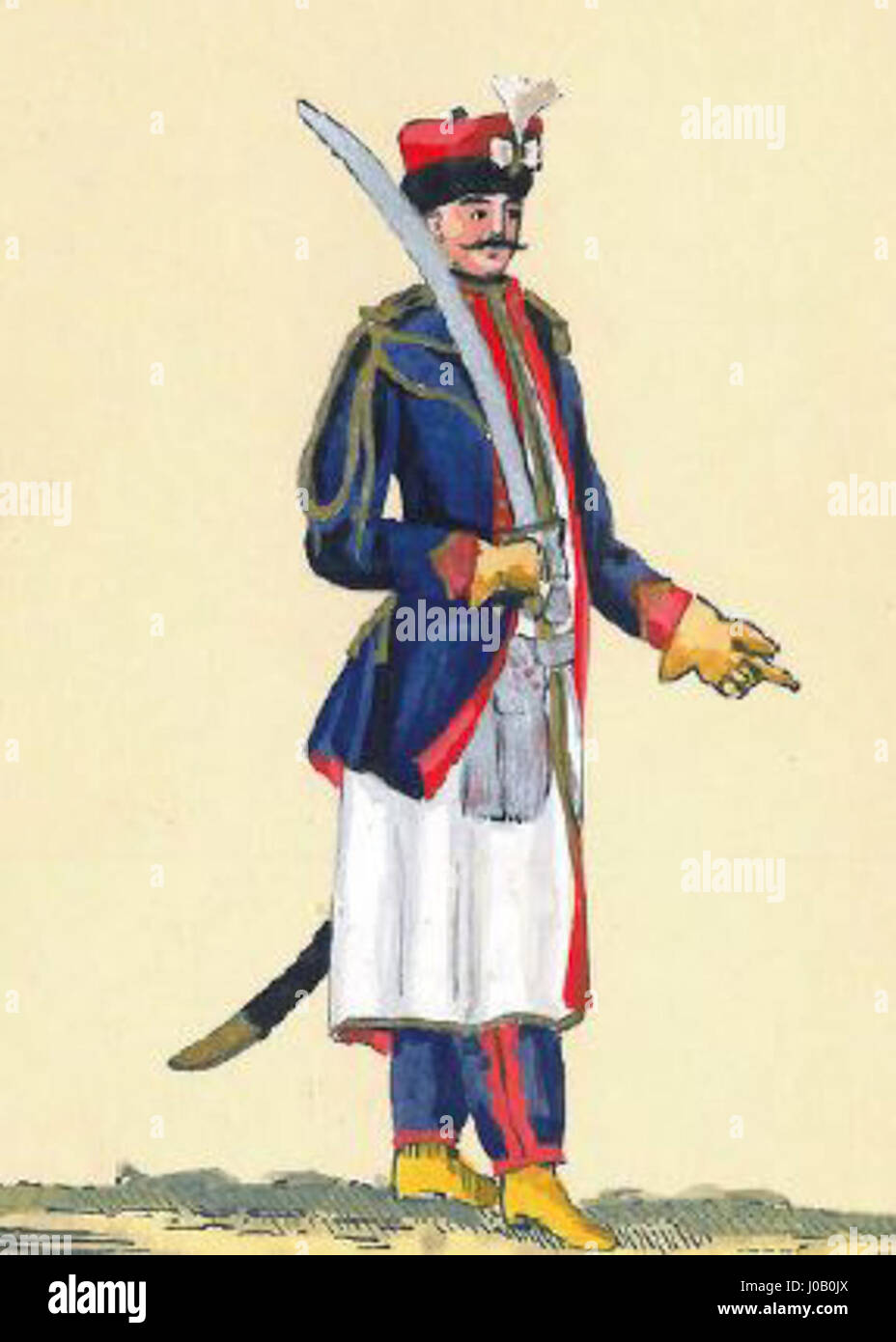 Dieses Kunstwerk zeigt einen Kommandeur der Husaren-Kavallerie der 1. Brigade der Nationalen Kavallerie von Polen und veranschaulicht die Militärgeschichte Polens und seine ikonische Kavallerie. Das Stück hebt die historische Bedeutung der Husaren und ihre Rolle im polnischen Militärerbe hervor. Stockfoto