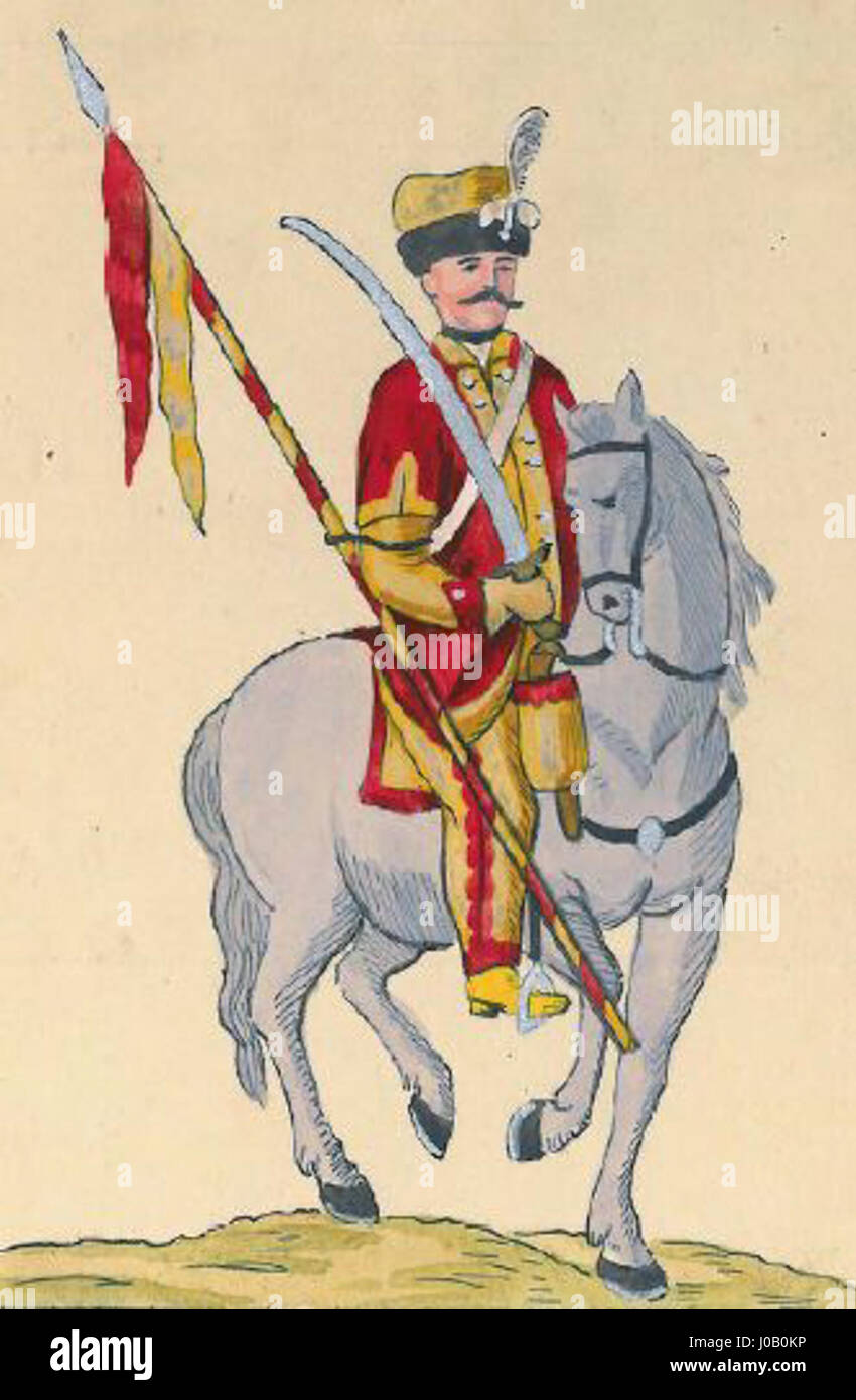 „75. Ulan na koniu z Wojsk Nadwornych Koronnych’ zeigt einen berittenen Soldaten der polnischen Königsgarde, der die traditionelle Militäruniform und die berittene Kampfposition zeigt. Stockfoto