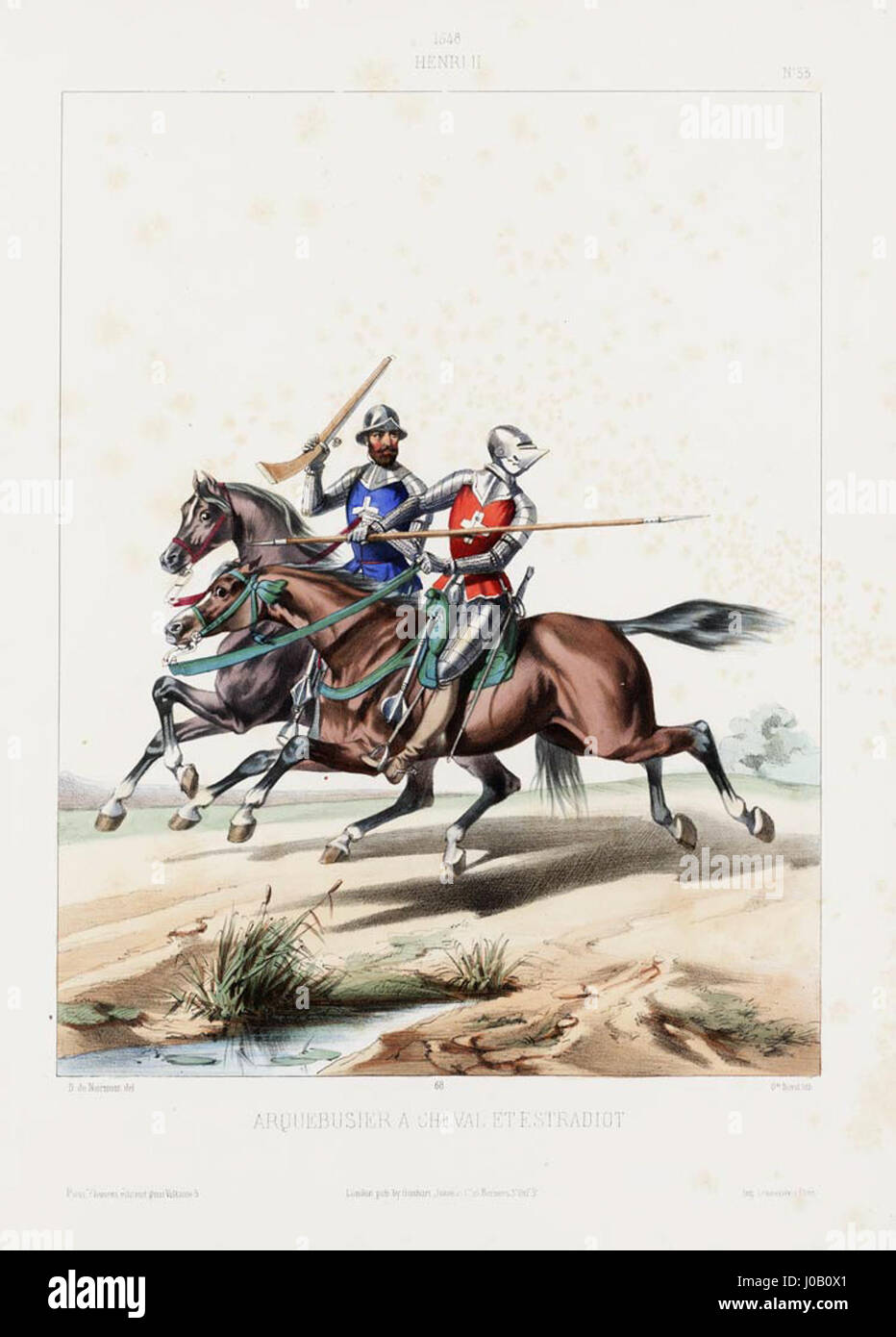 Diese 1548 gezeigte Darstellung zeigt Henri II. Als Arquebusier (Musketier), reitend auf einem Pferd und begleitet von einem Estradioten (berittener Soldat). Das historische Kunstwerk fängt die Militärkleidung und die Waffen der damaligen Zeit ein und spiegelt die militärische Macht der französischen Monarchie wider. Stockfoto