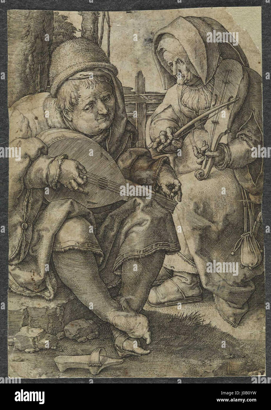 Lucas van Leydens „OS músicos“ (die Musiker) fängt die Lebendigkeit und Freude des Musiklebens des 16. Jahrhunderts ein. Das Werk ist ein Beweis für van Leydens Fähigkeit, intime soziale Szenen und kulturelle Ausdrucksformen darzustellen. Stockfoto