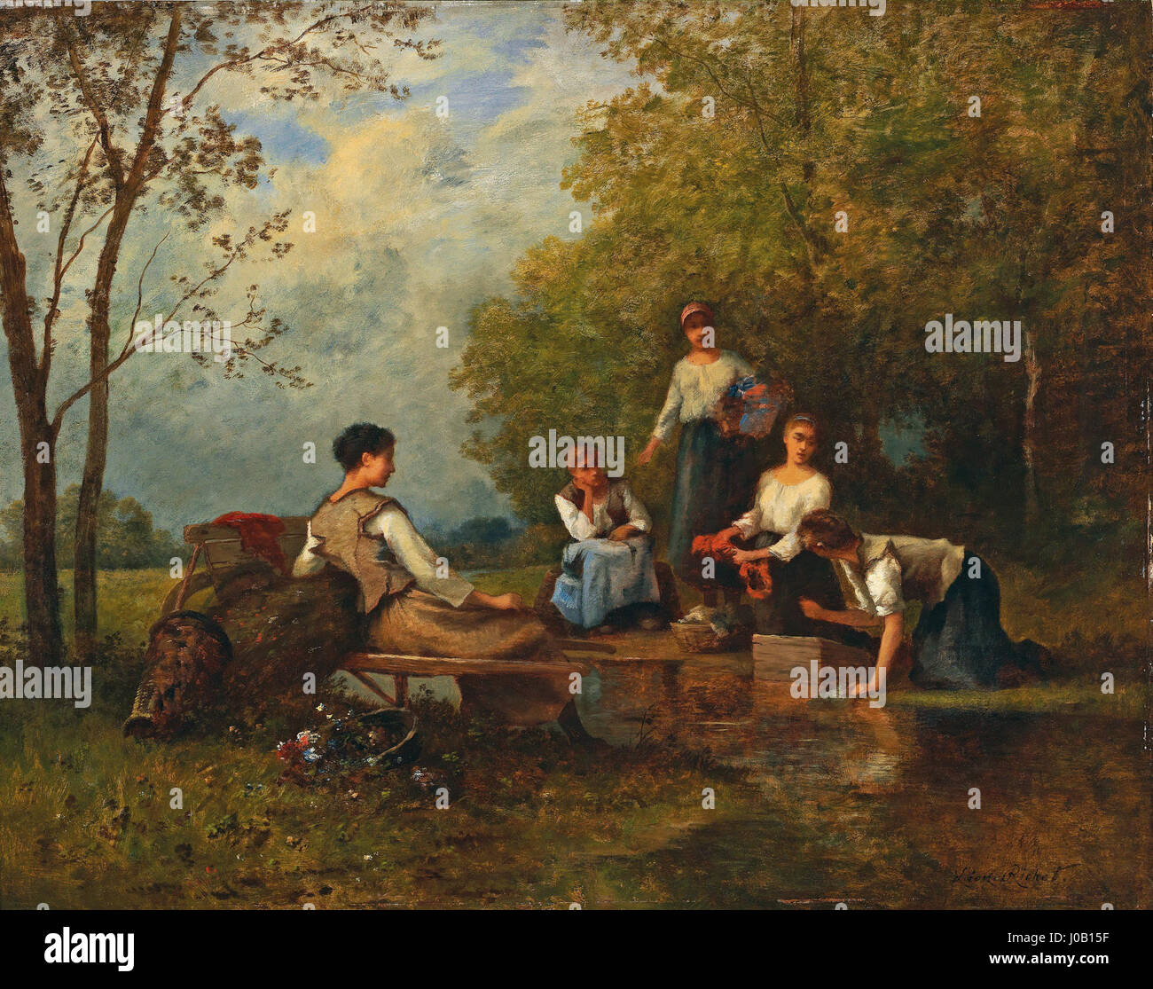 Léon Richets Gemälde „Wäscherinnen“ zeigt Waschfrauen in ländlicher Umgebung. Dieses Werk aus dem 19. Jahrhundert ist bekannt für seine Darstellung des Alltags und konzentriert sich auf die Arbeit von Arbeiterfrauen in Frankreich. Stockfoto