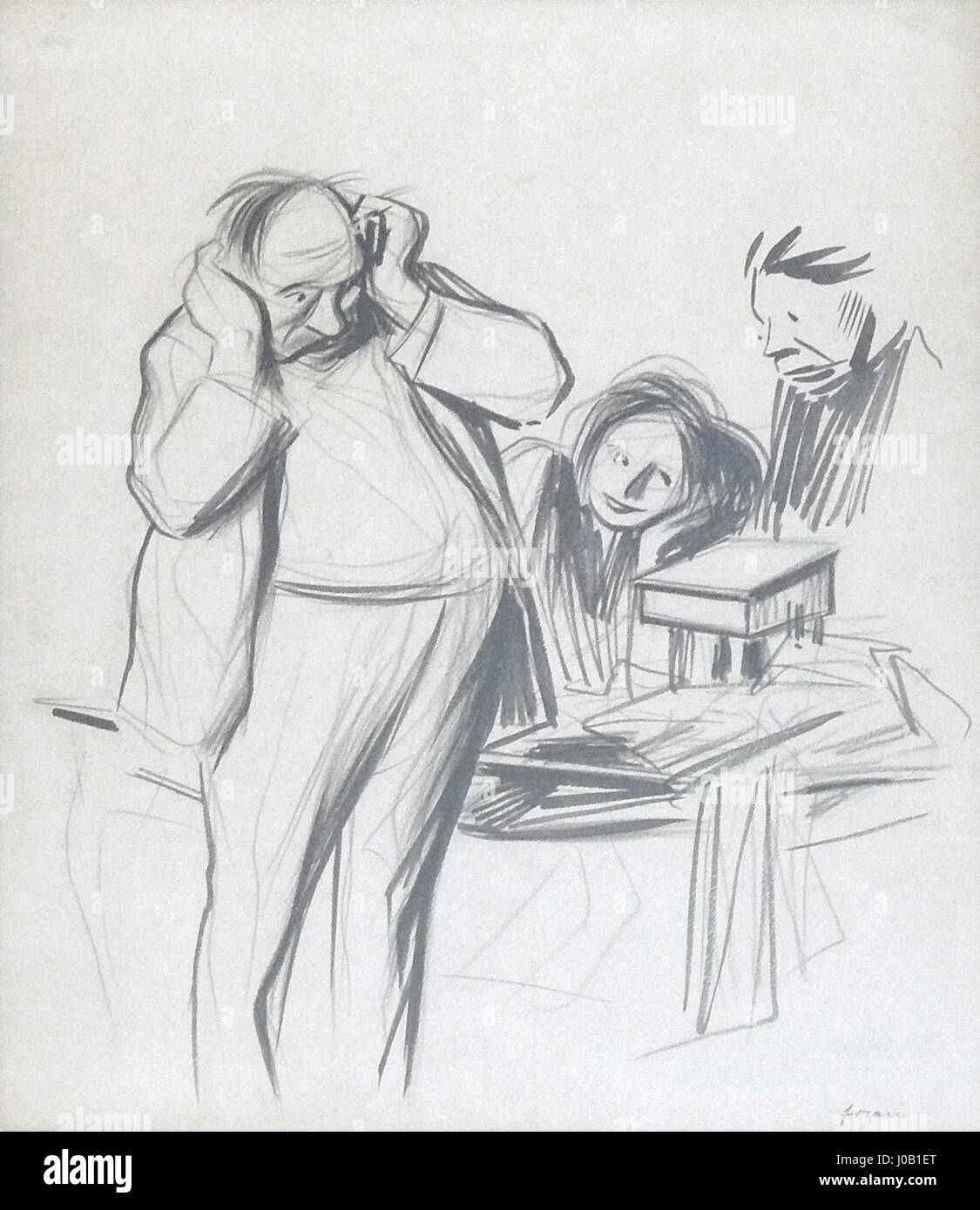 Forain J.L.’ „Le désespoir de ses parents“ (die Verzweiflung seiner Eltern) ist eine kraftvolle Zeichnung von Tinte, Waschung und Kohle. Das Stück fängt die intensive Emotion und Trauer einer Familie in Verzweiflung ein und vermittelt ein Gefühl von Hoffnungslosigkeit und Trauer durch den ausdrucksstarken Gebrauch von Schatten und Linie. Die Technik des Künstlers verstärkt die emotionale Wirkung der Szene und macht sie zu einem ergreifenden Beispiel für sein Geschick in der figurativen Kunst. Stockfoto