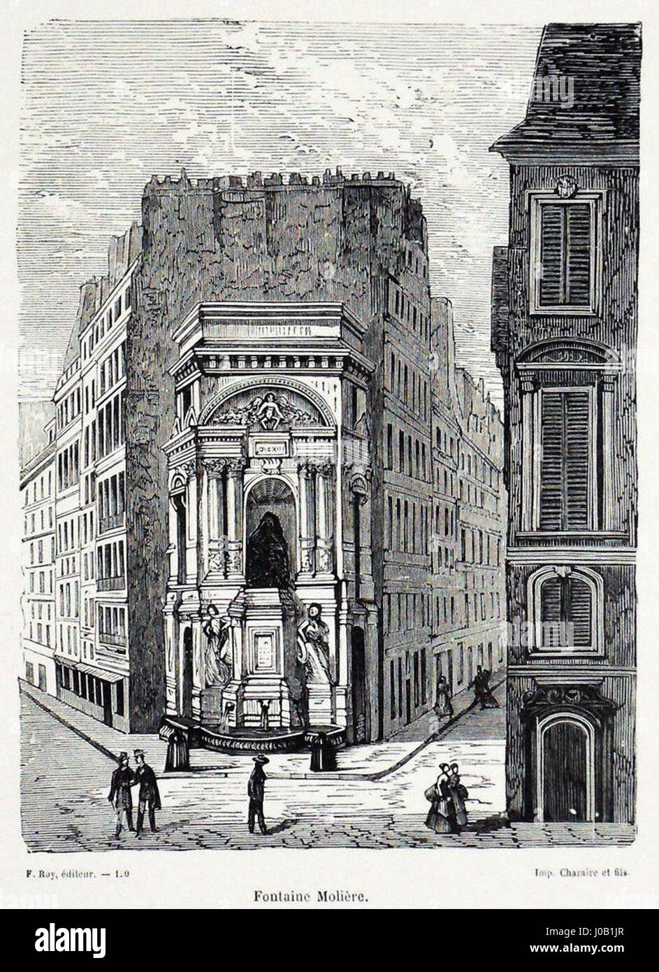 Die Fontaine Molière au XIXe siècle ist ein französisches Werk aus dem 19. Jahrhundert, das den berühmten Molière-Brunnen in Paris darstellt und das Erbe des Dramatikers Molière ehrt. Stockfoto