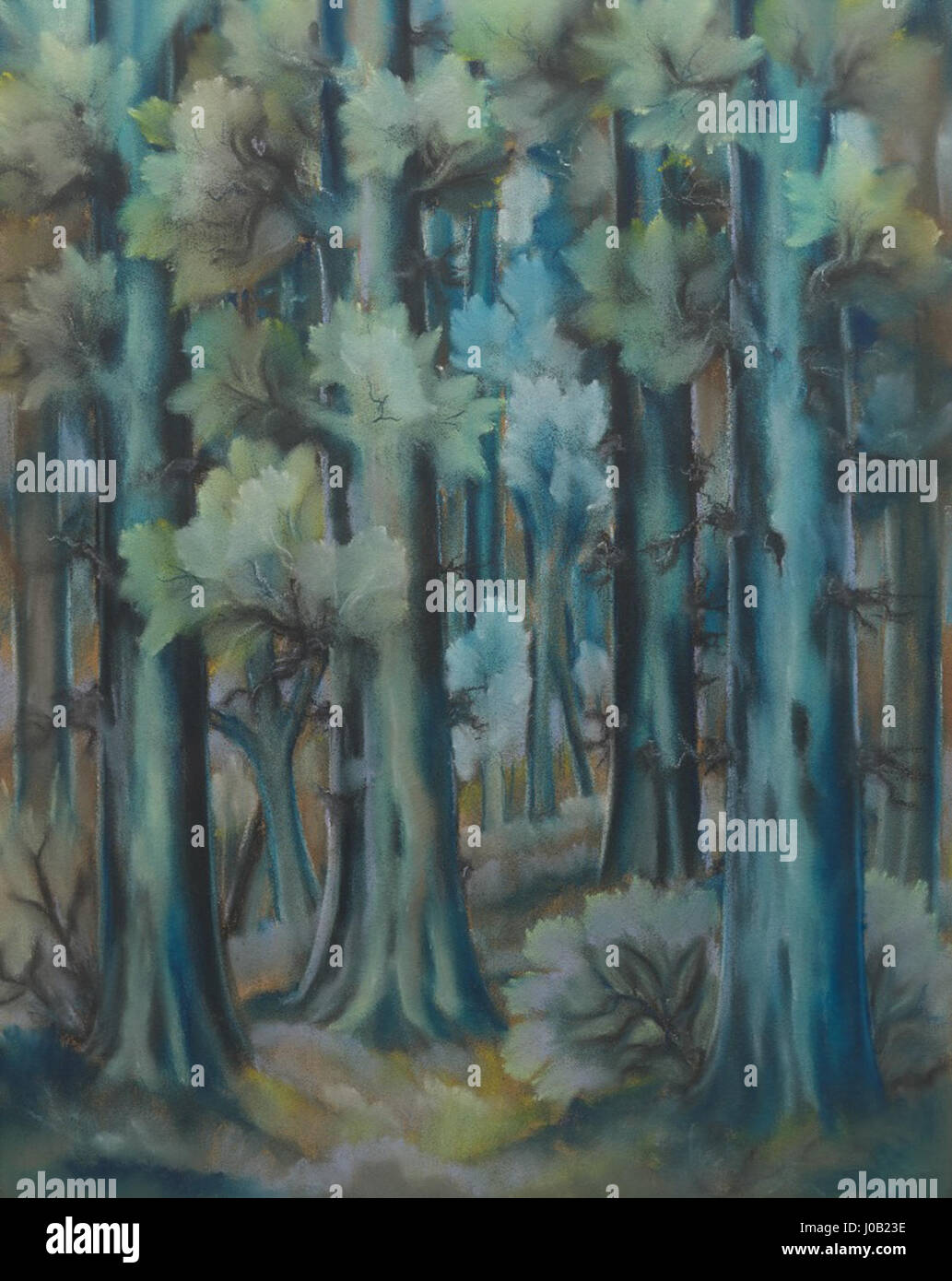 Gregor Peruseks „Trees in Greens and Blues“ verwendet eine beruhigende Farbpalette, um das Wesen der Natur in abstrakten Baumformen festzuhalten und lebendige Grün- und Blautöne zu verschmelzen, um die Ruhe der Natur zu wecken. Stockfoto