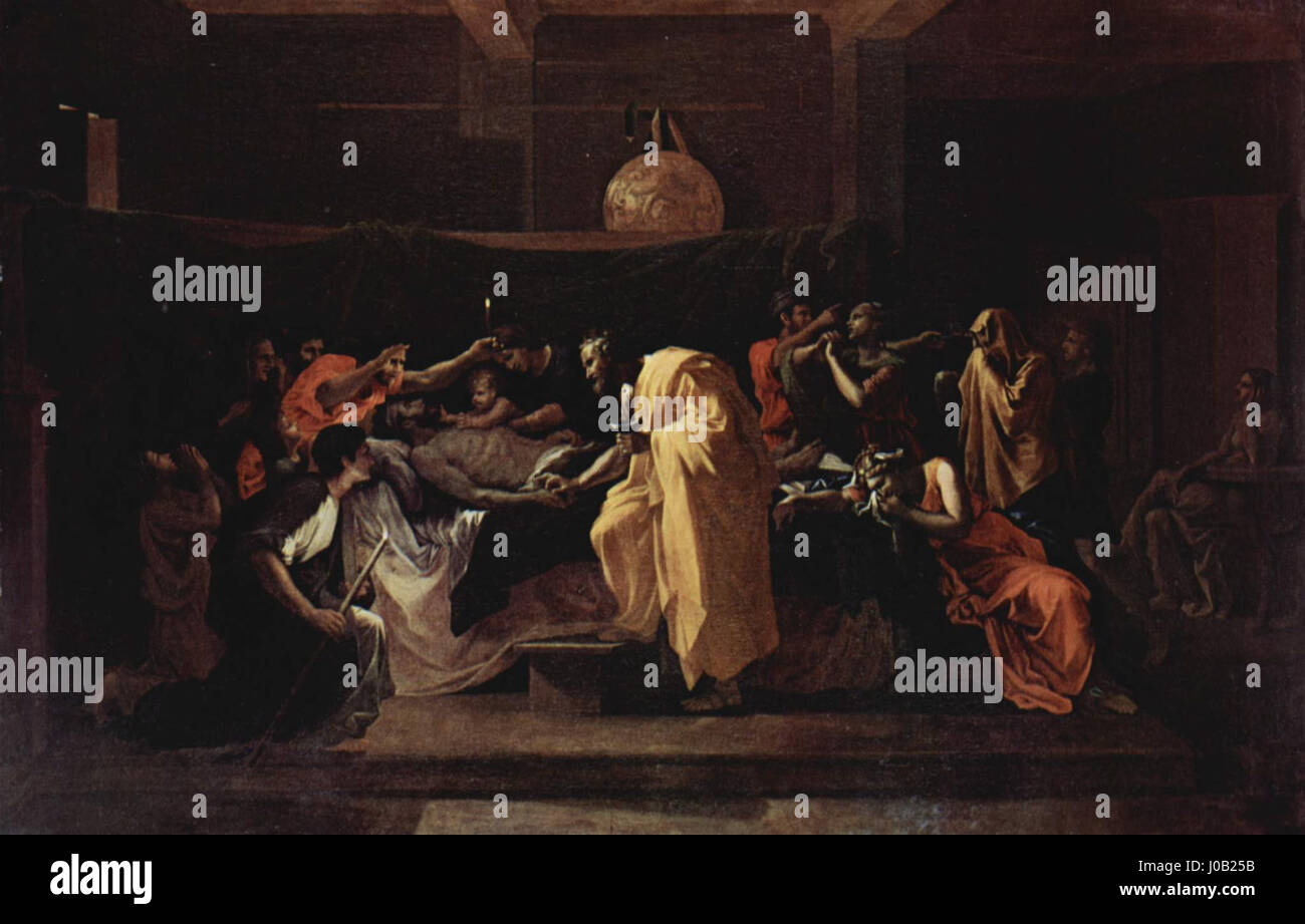 Nicolas Poussins „Les Sept Sacrements II – L’Extrême-Onction“ ist Teil einer Serie, die die sieben Sakramente illustriert. Dieses Gemälde zeigt das Sakrament der extremen Salbung, in dem ein Priester die letzten Riten an ein sterbendes Individuum ausrichtet. Es spiegelt die Meisterschaft des Künstlers wider, Emotionen und religiöse Symboliken zu vermitteln, zentrale Themen der Barockkunst. Stockfoto