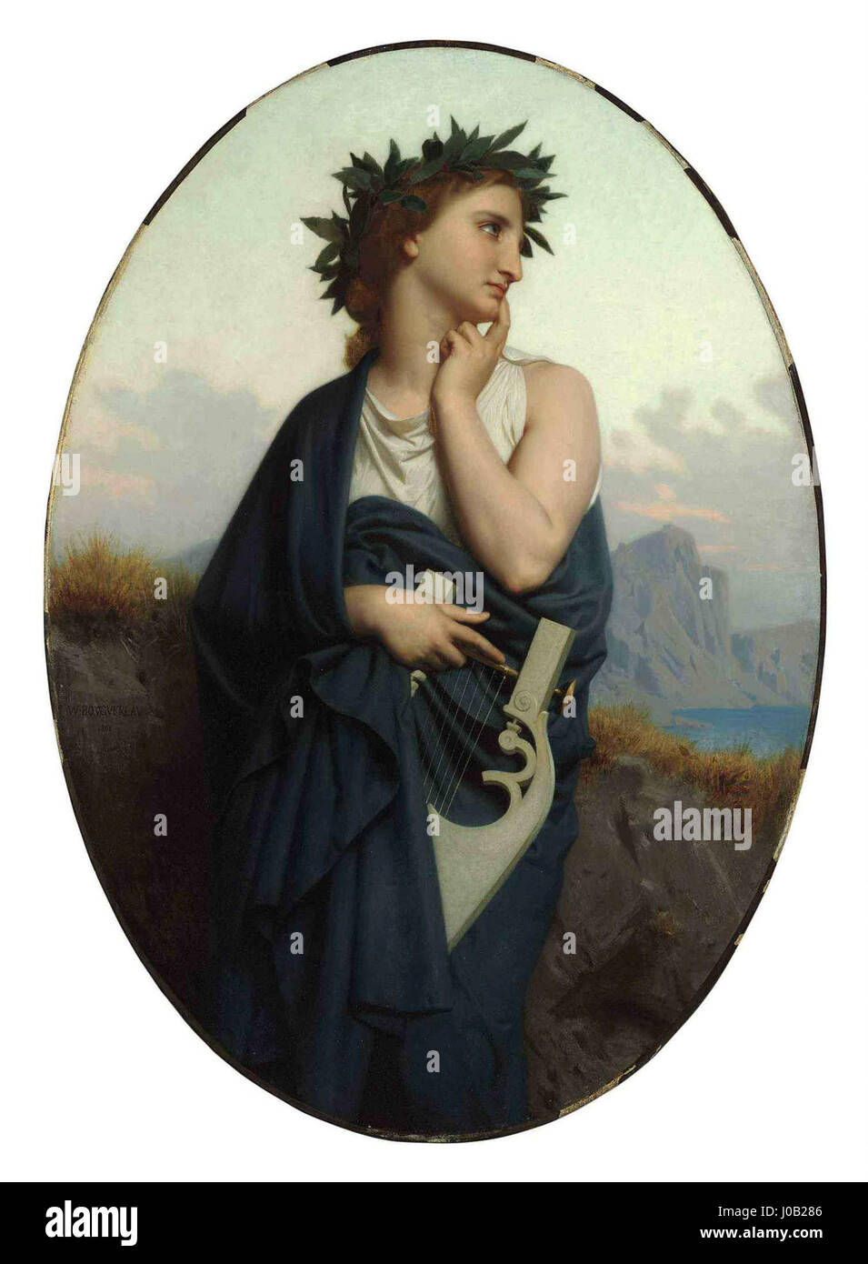 Die Muse (Philomèle) von William-Adolphe Bouguereau ist ein klassisches Beispiel für den französischen akademischen Realismus des 19. Jahrhunderts. Es zeigt eine anmutige weibliche Figur, die die mythologische Muse Philomèle in einer idealisierten, zarten Form verkörpert. Stockfoto