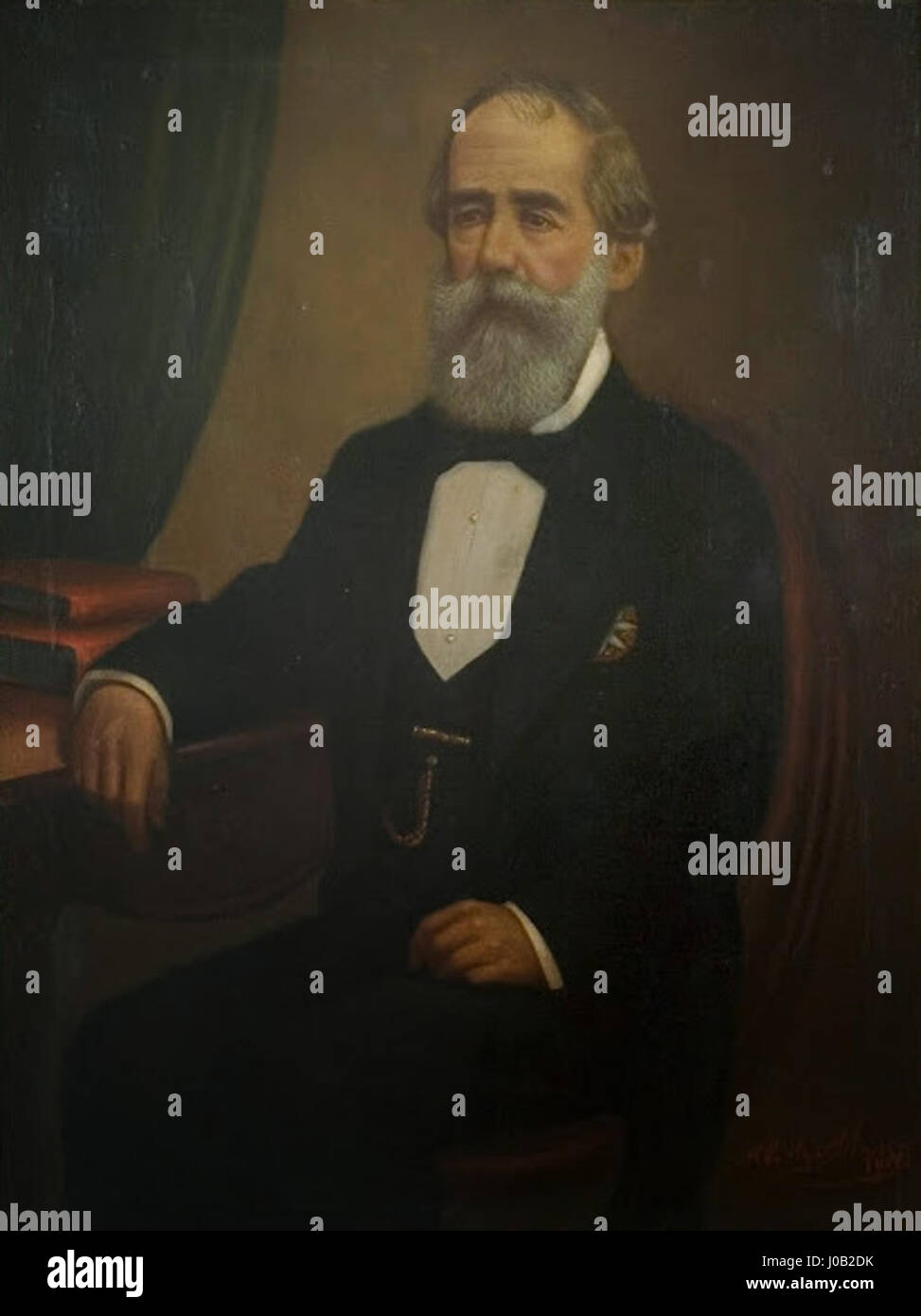 Dieses Porträt von Antônio Cândido de Menezes zeigt Dr. Luiz da Silva Flores, eine bedeutende brasilianische Figur, mit detailliertem Realismus und feinen Pinselarbeiten, die typisch für brasilianische Porträts des 19. Jahrhunderts sind. Stockfoto