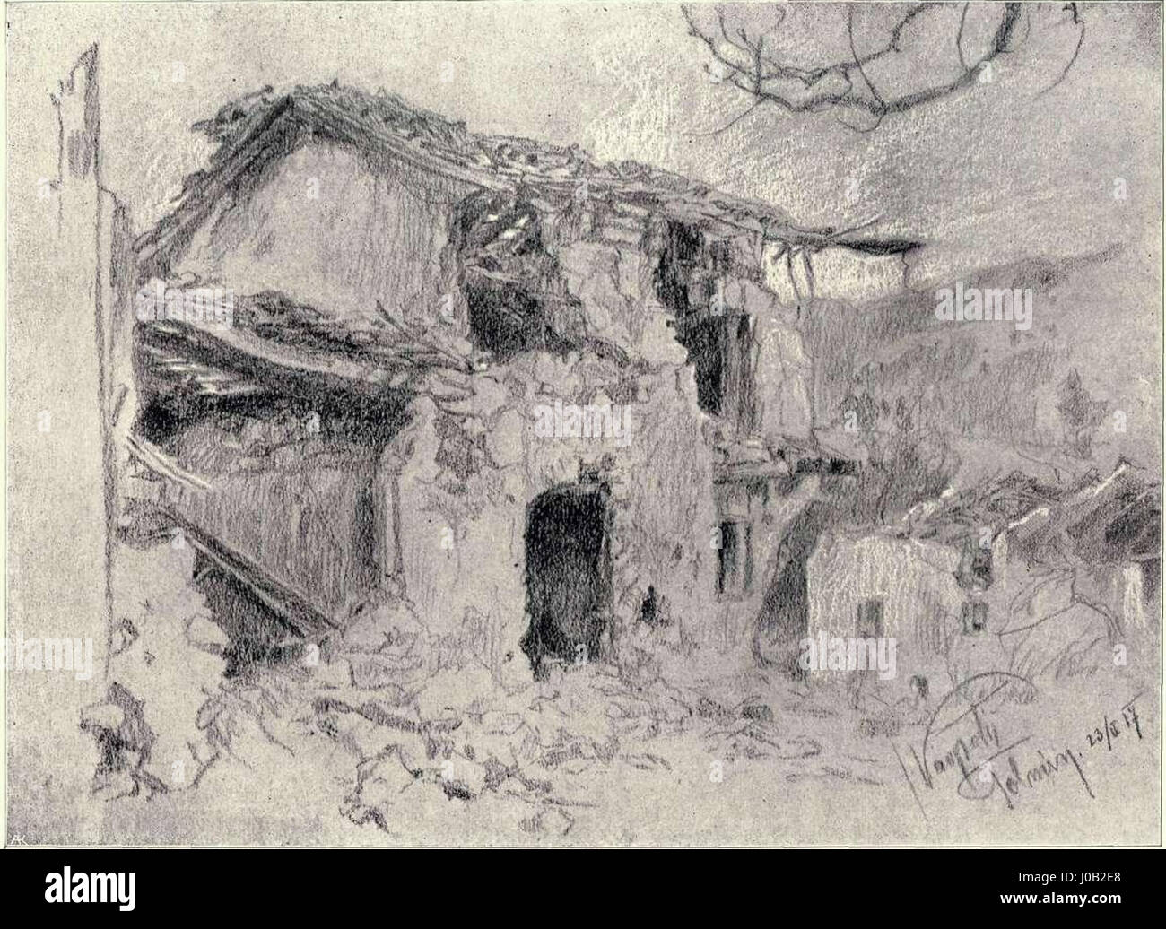 Ivan Vavpoticas „Razdejana hisa“ (das Ruinenhaus) stellt ein verlassenes, verlassenes Gebäude dar, das die emotionalen Auswirkungen von Verfall und Vernachlässigung vermittelt. Dieses Stück reflektiert Themen des Verlustes und des Verlaufs der Zeit, erfasst durch gedämpfte Töne und atmosphärische Komposition. Stockfoto