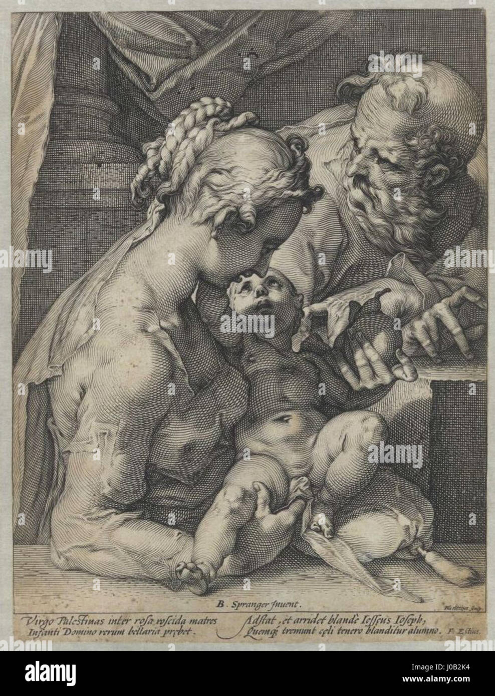 Hendrik Goltzius’ Kupferstich „A Sagrada Família“ (die Heilige Familie) aus dem Jahr 1580, basierend auf Bartholomeus Sprangers Komposition, stellt die Heilige Familie in einem religiösen Setting dar. Das Kunstwerk spiegelt die religiöse Hingabe und die komplizierten Stiche dieser Zeit wider. Stockfoto