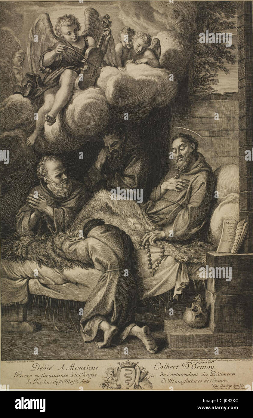 Dieser Stich von Gérard Audran ist eine Reproduktion von Annibale Carraccis „Tod des Heiligen Franziskus“ und veranschaulicht die letzten Momente des heiligen. Stockfoto