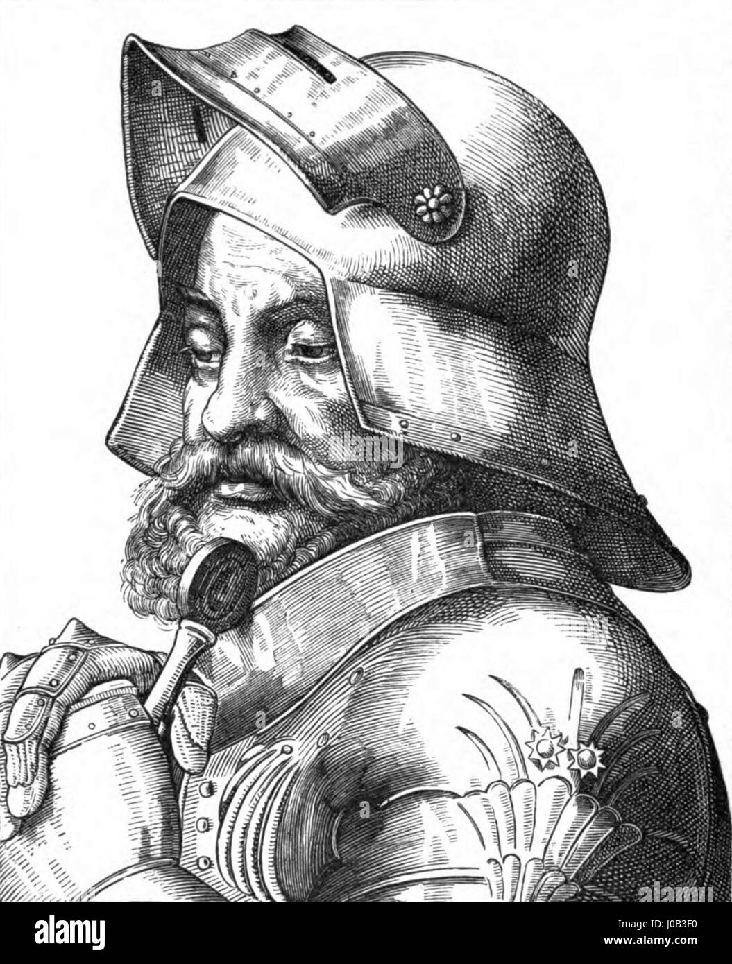 Götz von Berlichingen war ein deutscher Ritter aus dem 16. Jahrhundert, der für seine Beteiligung am Schwäbischen Krieg und seinen Ruf als freier Ritter bekannt war. Sein Leben und seine Handlungen wurden in der deutschen Literatur und Kunst verewigt, wobei er oft als Symbol für Unabhängigkeit und Widerstand gegen Autorität dargestellt wurde. Stockfoto